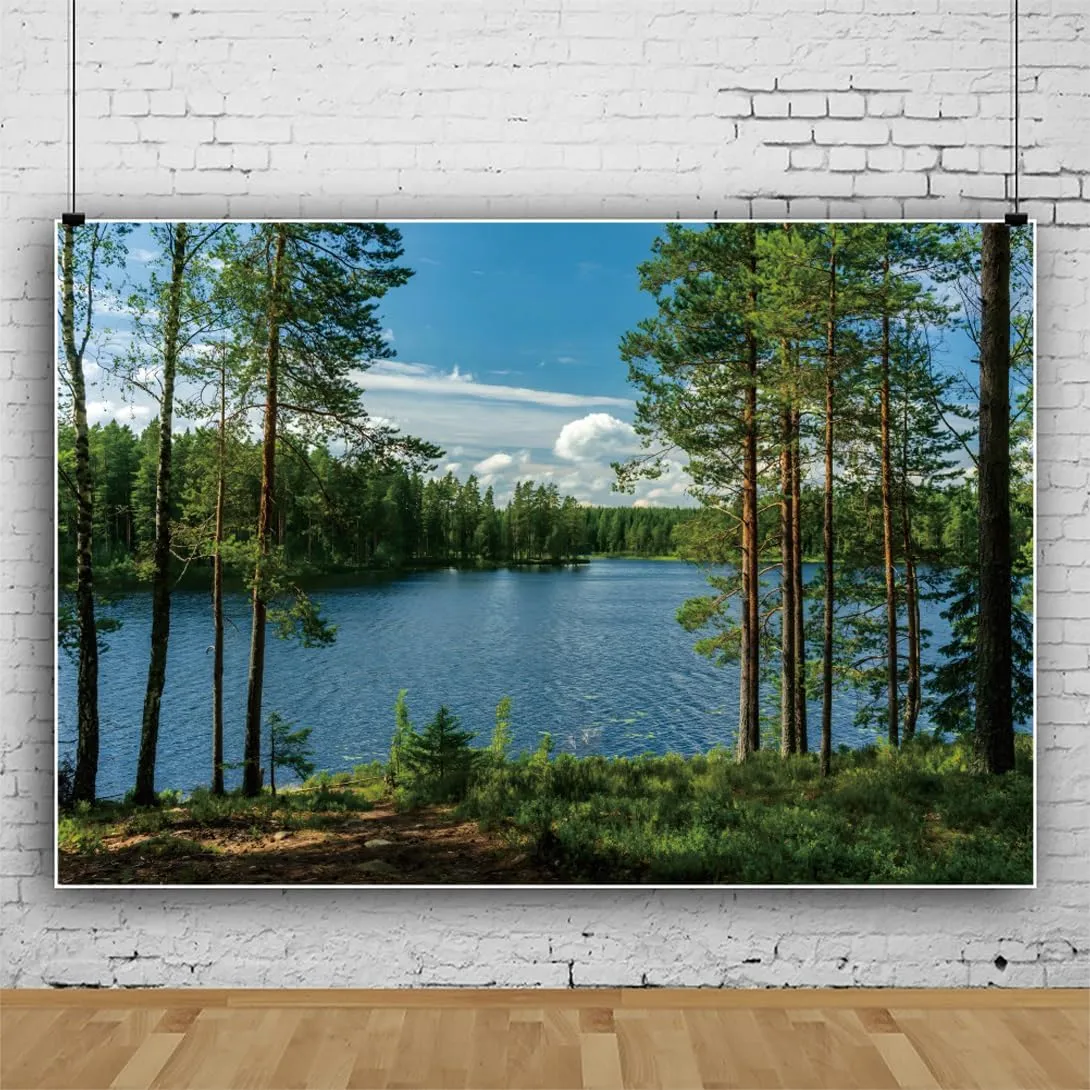 10x8ft Forest Lake Photo Backdrop Park Lakeside Green Trees Natural Scenery Background Banner Spring Summer Countryside Outdoor Picnic Camping Hiking Decor Kids Adults Portrait Studio Props