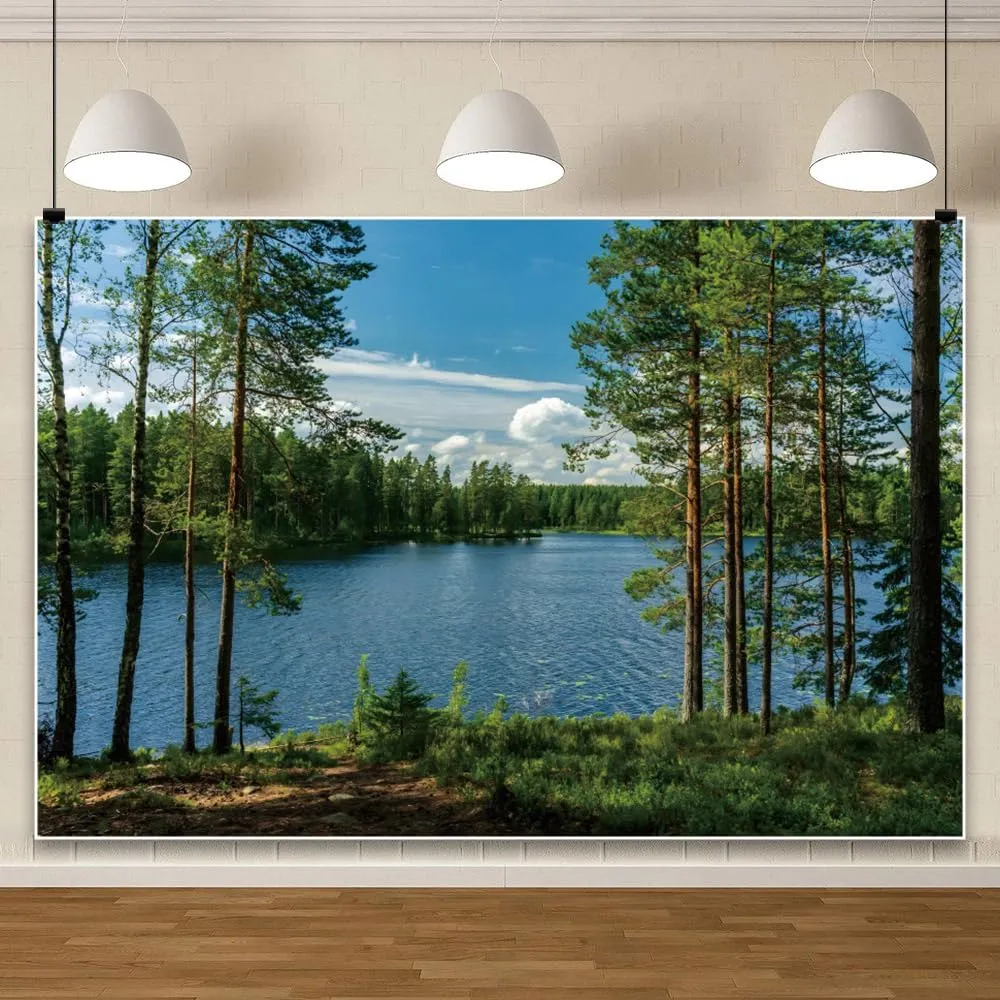 10x8ft Forest Lake Photo Backdrop Park Lakeside Green Trees Natural Scenery Background Banner Spring Summer Countryside Outdoor Picnic Camping Hiking Decor Kids Adults Portrait Studio Props