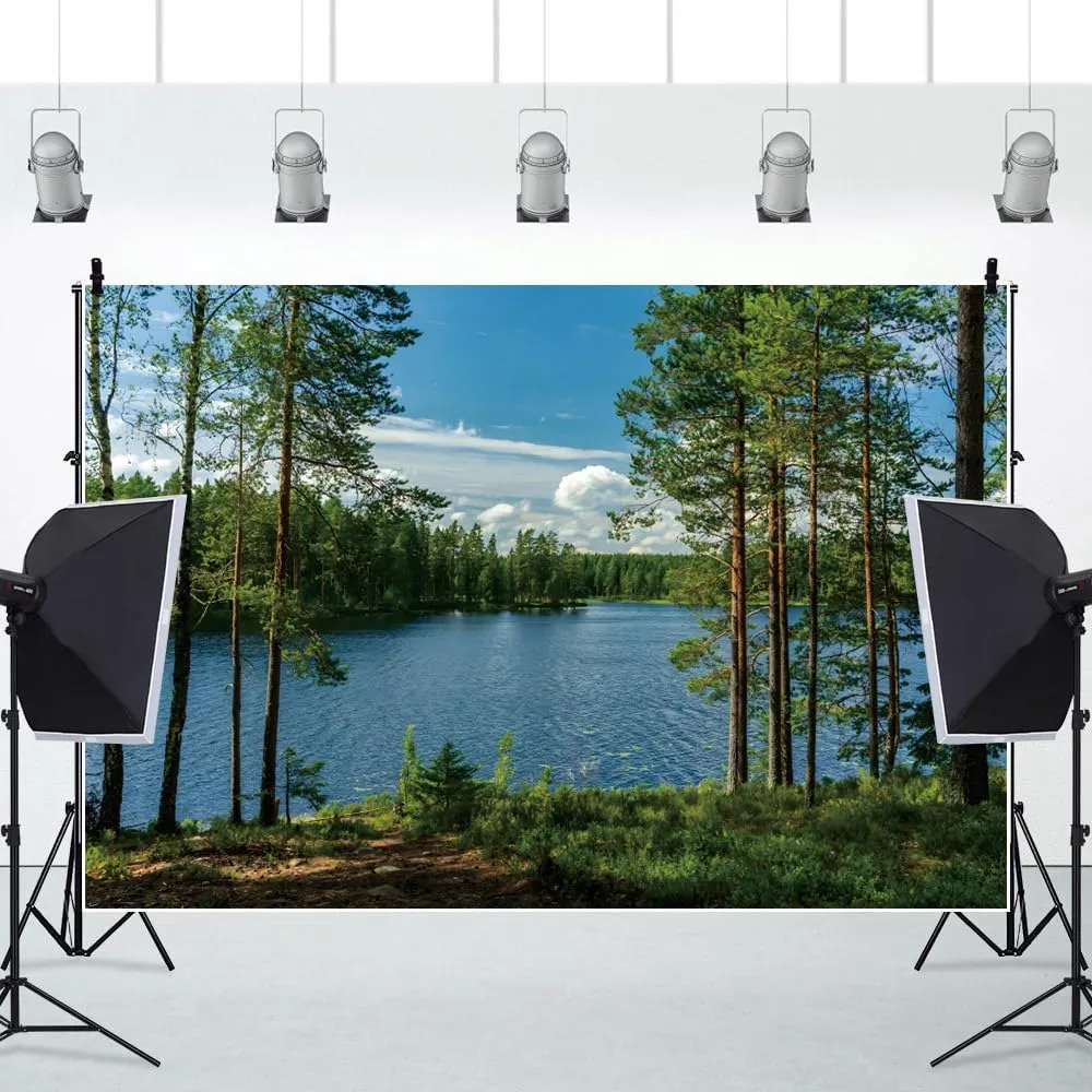 10x8ft Forest Lake Photo Backdrop Park Lakeside Green Trees Natural Scenery Background Banner Spring Summer Countryside Outdoor Picnic Camping Hiking Decor Kids Adults Portrait Studio Props