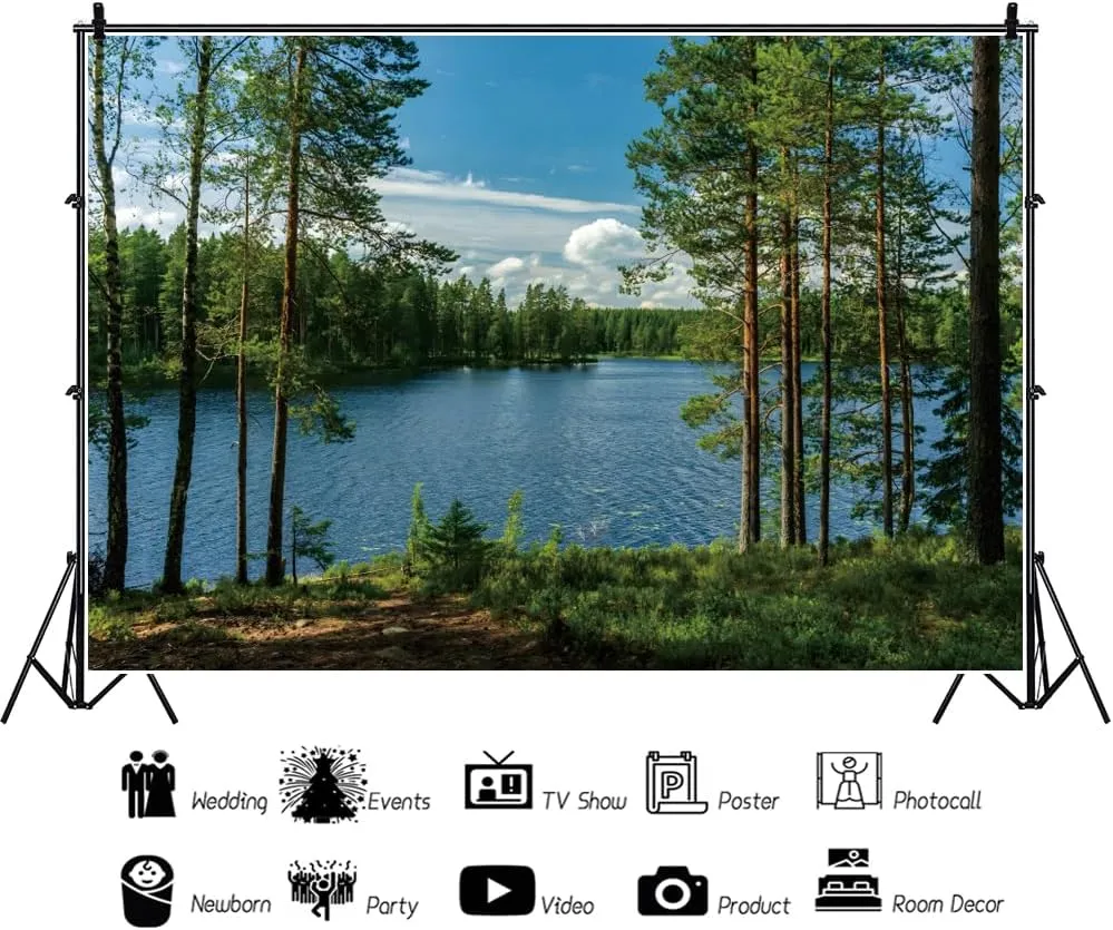 10x8ft Forest Lake Photo Backdrop Park Lakeside Green Trees Natural Scenery Background Banner Spring Summer Countryside Outdoor Picnic Camping Hiking Decor Kids Adults Portrait Studio Props