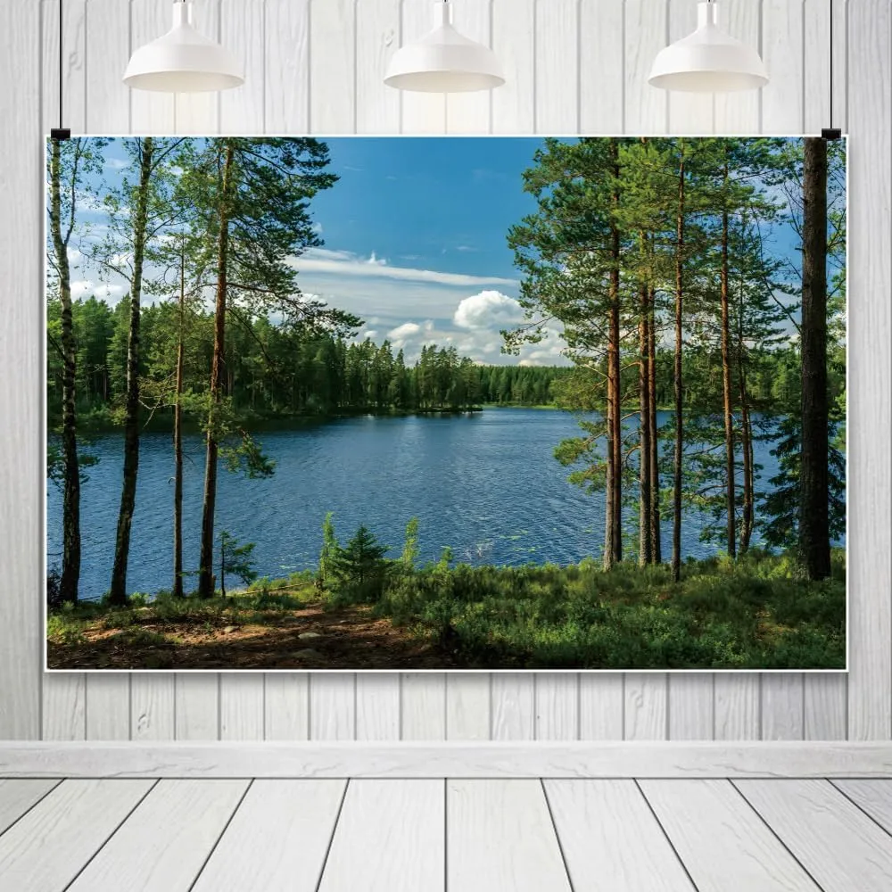 10x8ft Forest Lake Photo Backdrop Park Lakeside Green Trees Natural Scenery Background Banner Spring Summer Countryside Outdoor Picnic Camping Hiking Decor Kids Adults Portrait Studio Props