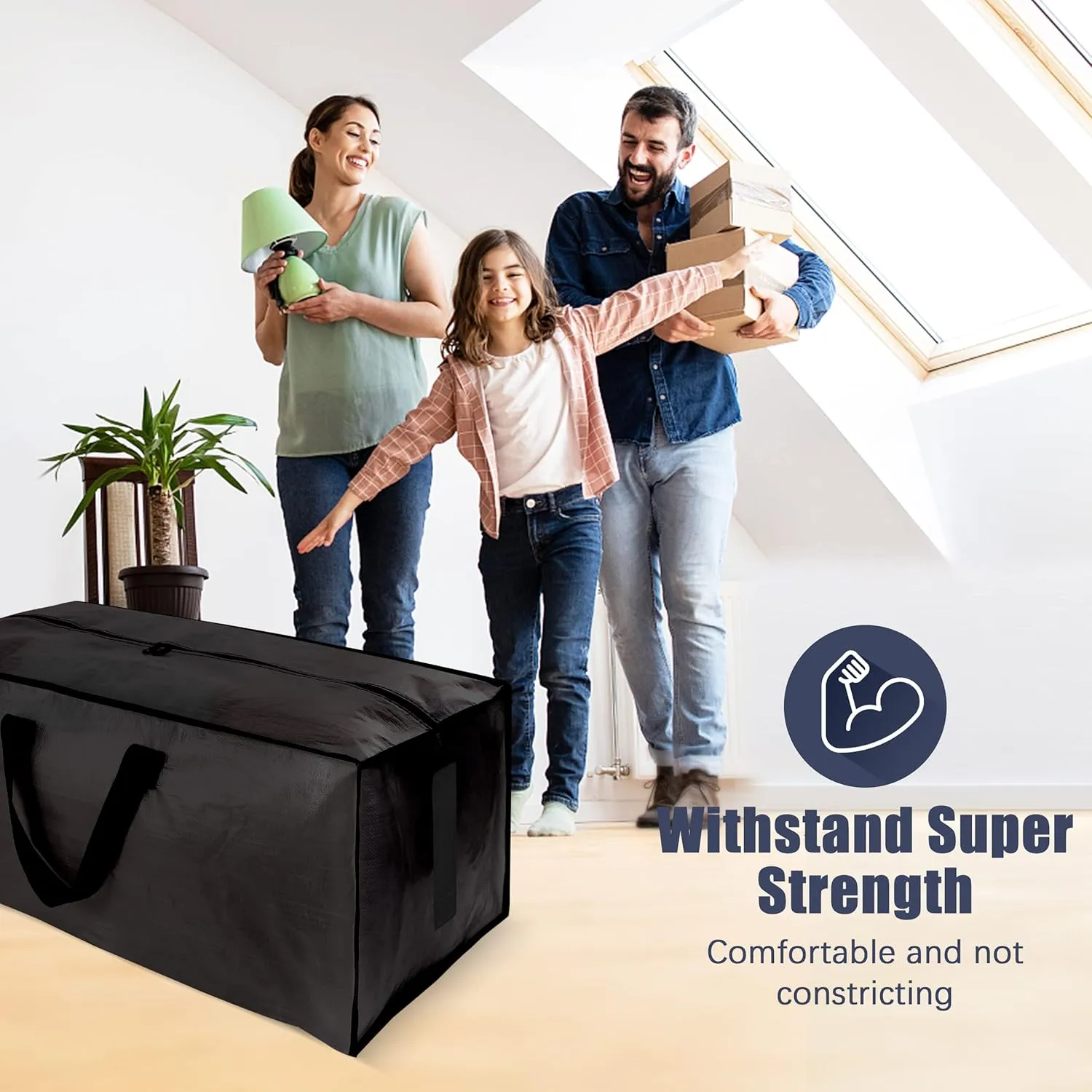 12 Pack Large Strong Moving Bags with Zippers & Carrying Handles - Water-Resistant - Heavy Duty Storage Tote for Space Saving Moving Storage, Fold Flat, Alternative to Moving Box (Black)