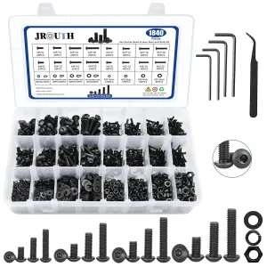 1840PCS Metric Screw Assortment Kit, M2 M3 M4 M5 Hex Button Head Cap Bolts and Nuts Kit, Grade 10.9 Alloy Steel Hex Socket Bolts Nuts Kit with Flat&Lock Washers&Hex Wrenches