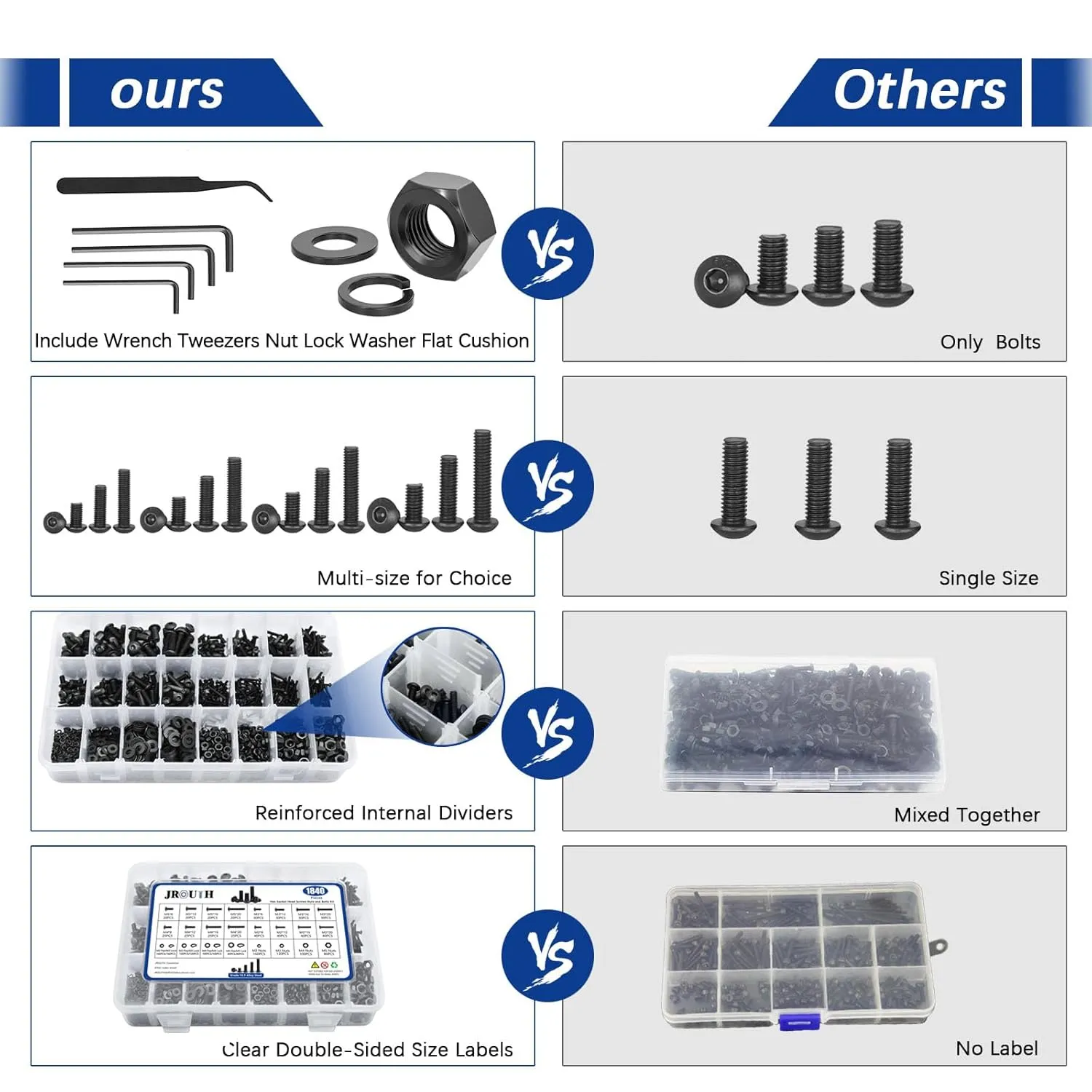 1840PCS Metric Screw Assortment Kit, M2 M3 M4 M5 Hex Button Head Cap Bolts and Nuts Kit, Grade 10.9 Alloy Steel Hex Socket Bolts Nuts Kit with Flat&Lock Washers&Hex Wrenches
