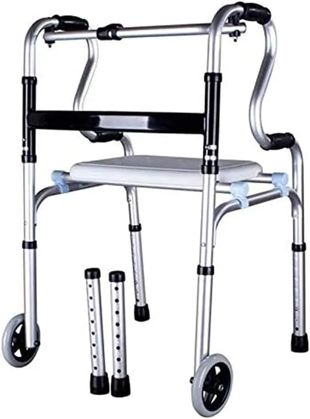 2-in-1 Wheeled Foldable Walker Frame with Seat,Bathroom Safety Support Aluminum Frame,Elderly Assisted Walking (Silver)