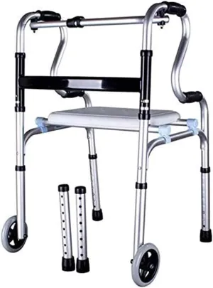 2-in-1 Wheeled Foldable Walker Frame with Seat,Bathroom Safety Support Aluminum Frame,Elderly Assisted Walking (Silver)