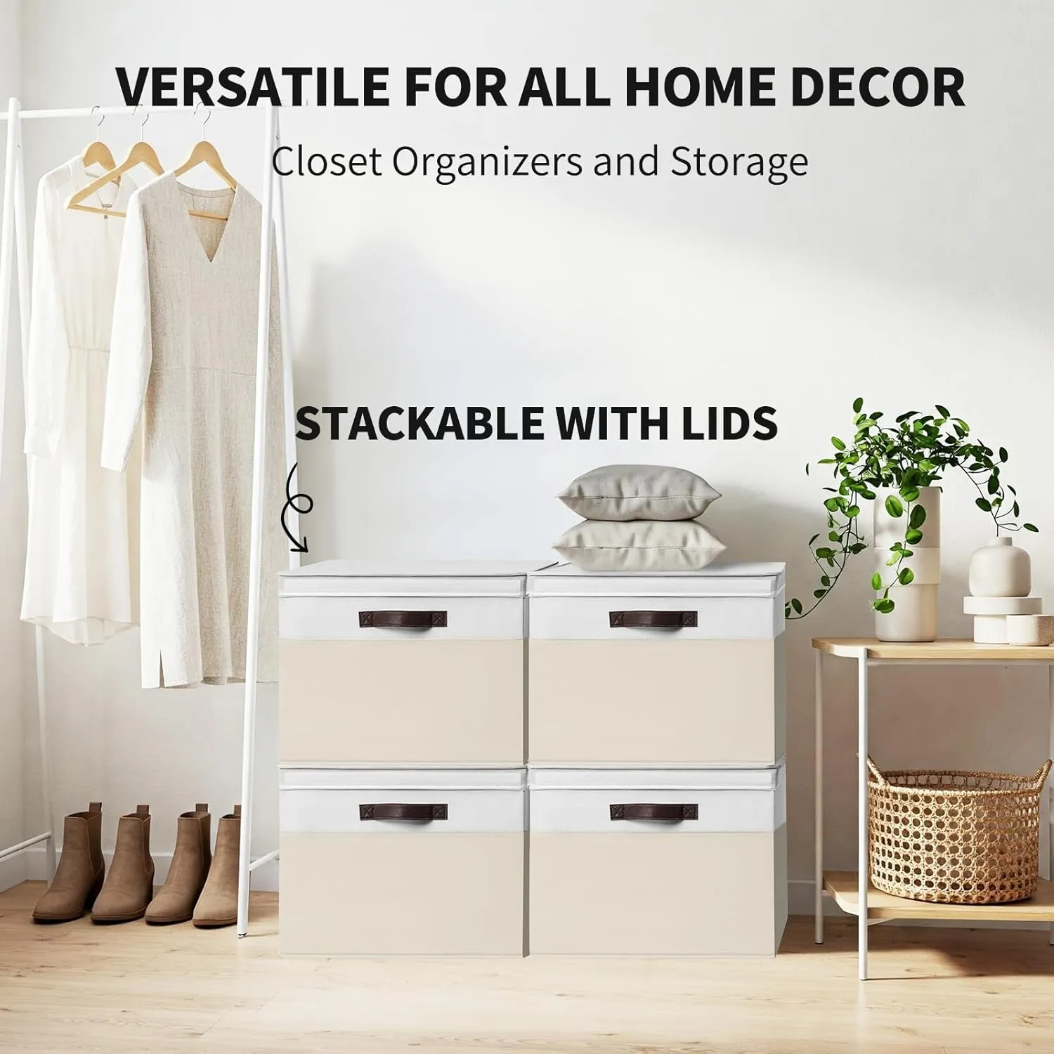2 Pack EXTRA LARGE Blanket Storage Baskets with Lids, 22”x16”x12” Closet Organizers Bins for Clothes Towel/Toy Storage Box with Lid Handles/Stackable Decorative Fabric Bins for Living Room, Nursery