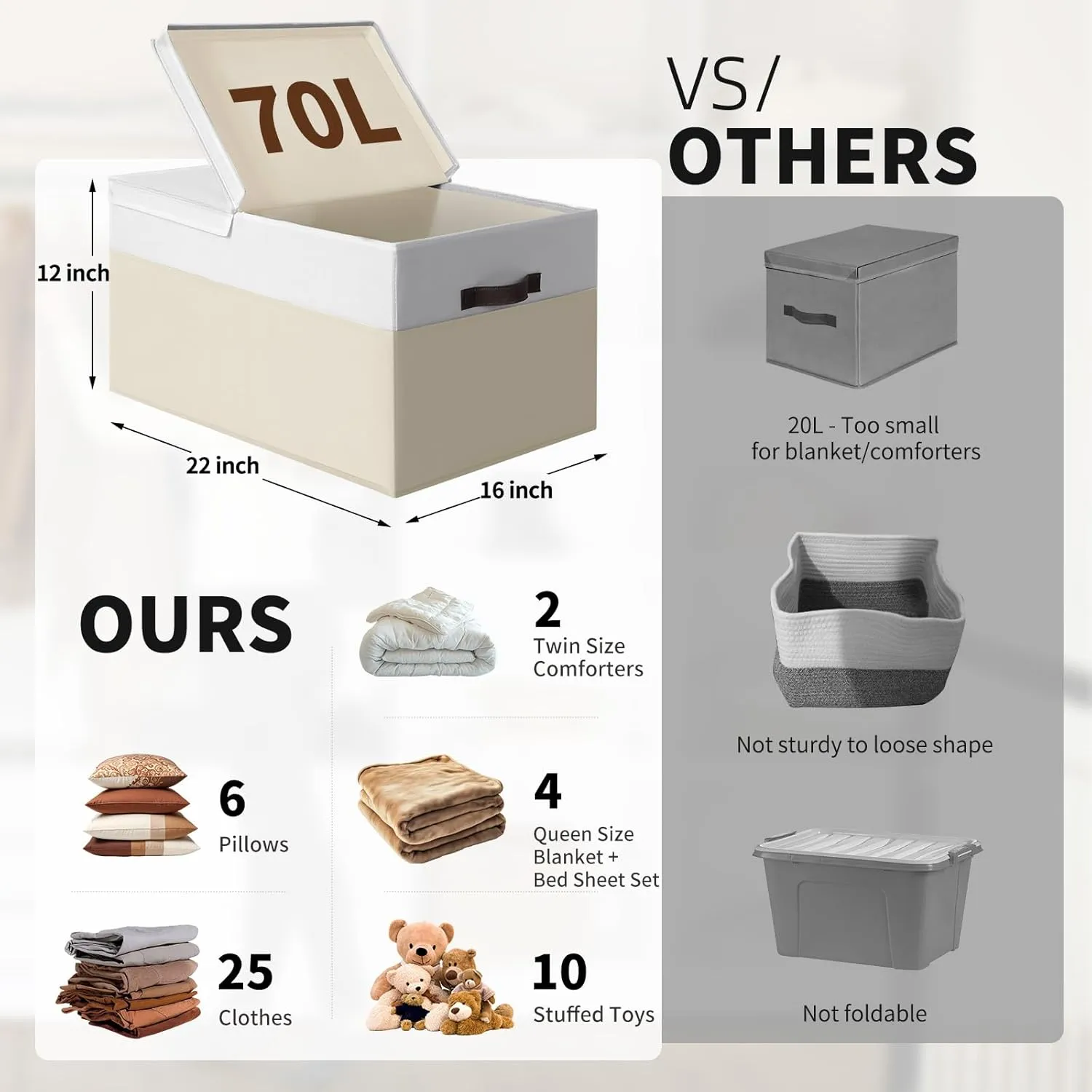2 Pack EXTRA LARGE Blanket Storage Baskets with Lids, 22”x16”x12” Closet Organizers Bins for Clothes Towel/Toy Storage Box with Lid Handles/Stackable Decorative Fabric Bins for Living Room, Nursery