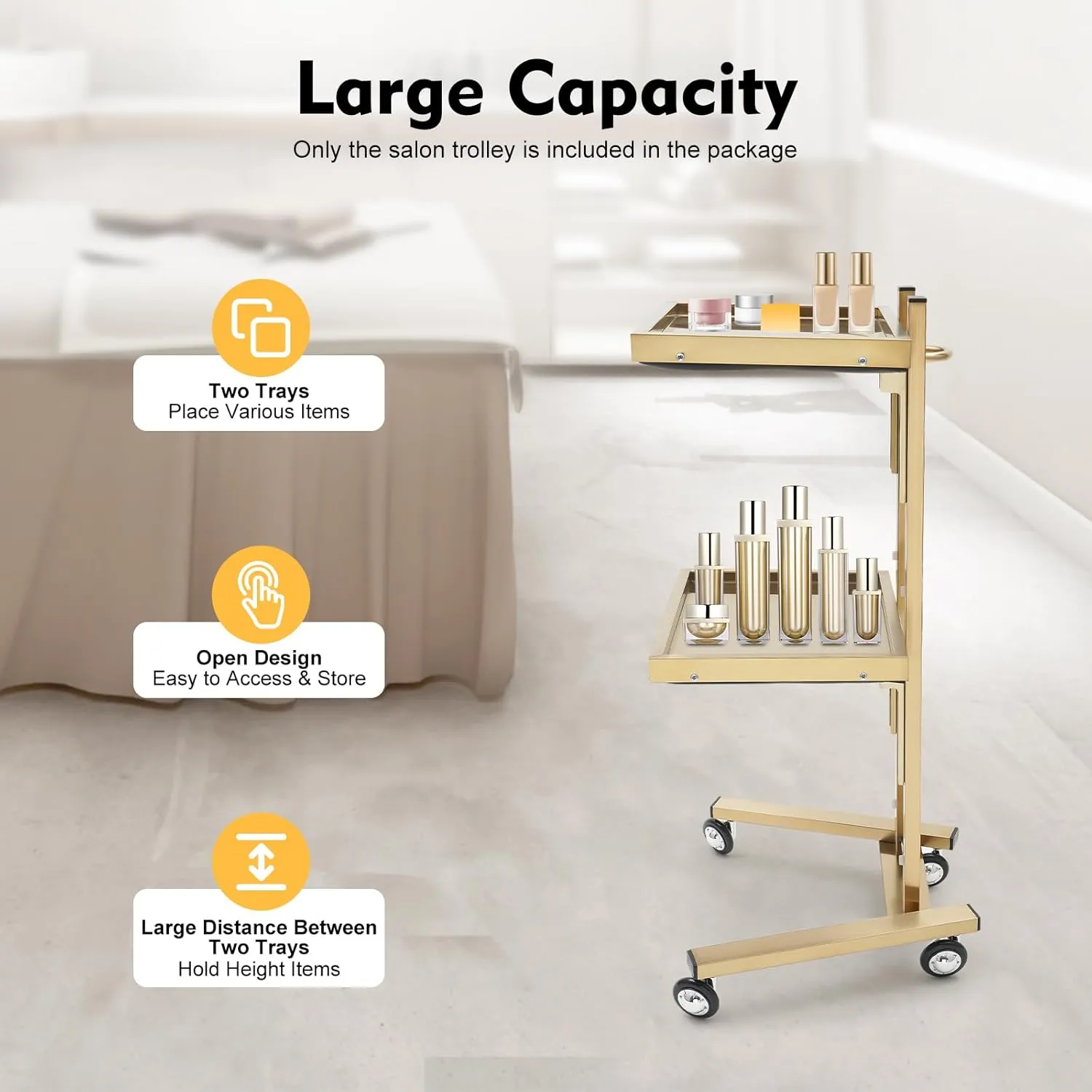 2 Tier Metal Rolling Cart, 33.86 Inch Salon Tray on Wheels, Folding Trolley, Stainless Steel Gold Esthetician Cart for Salon Studios Shop (Gold)