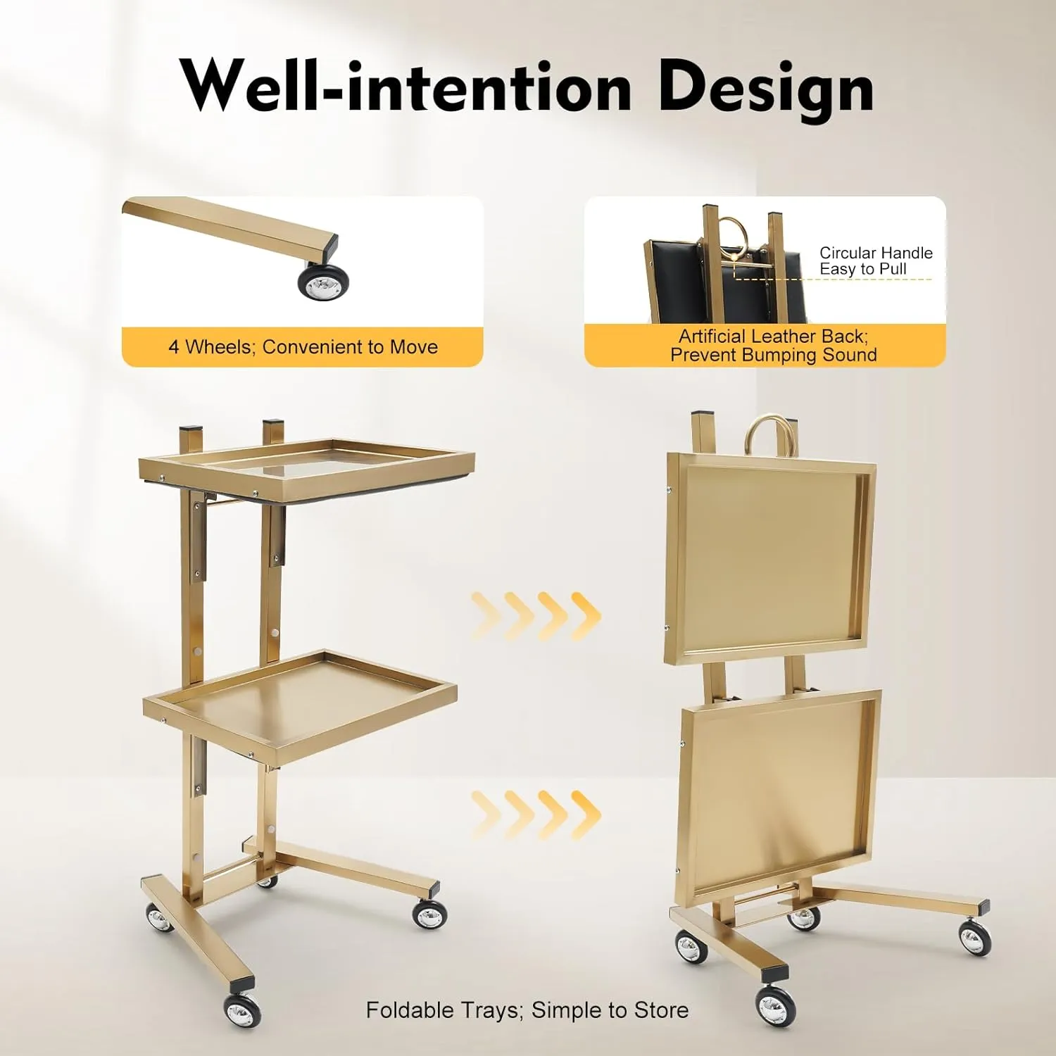 2 Tier Metal Rolling Cart, 33.86 Inch Salon Tray on Wheels, Folding Trolley, Stainless Steel Gold Esthetician Cart for Salon Studios Shop (Gold)