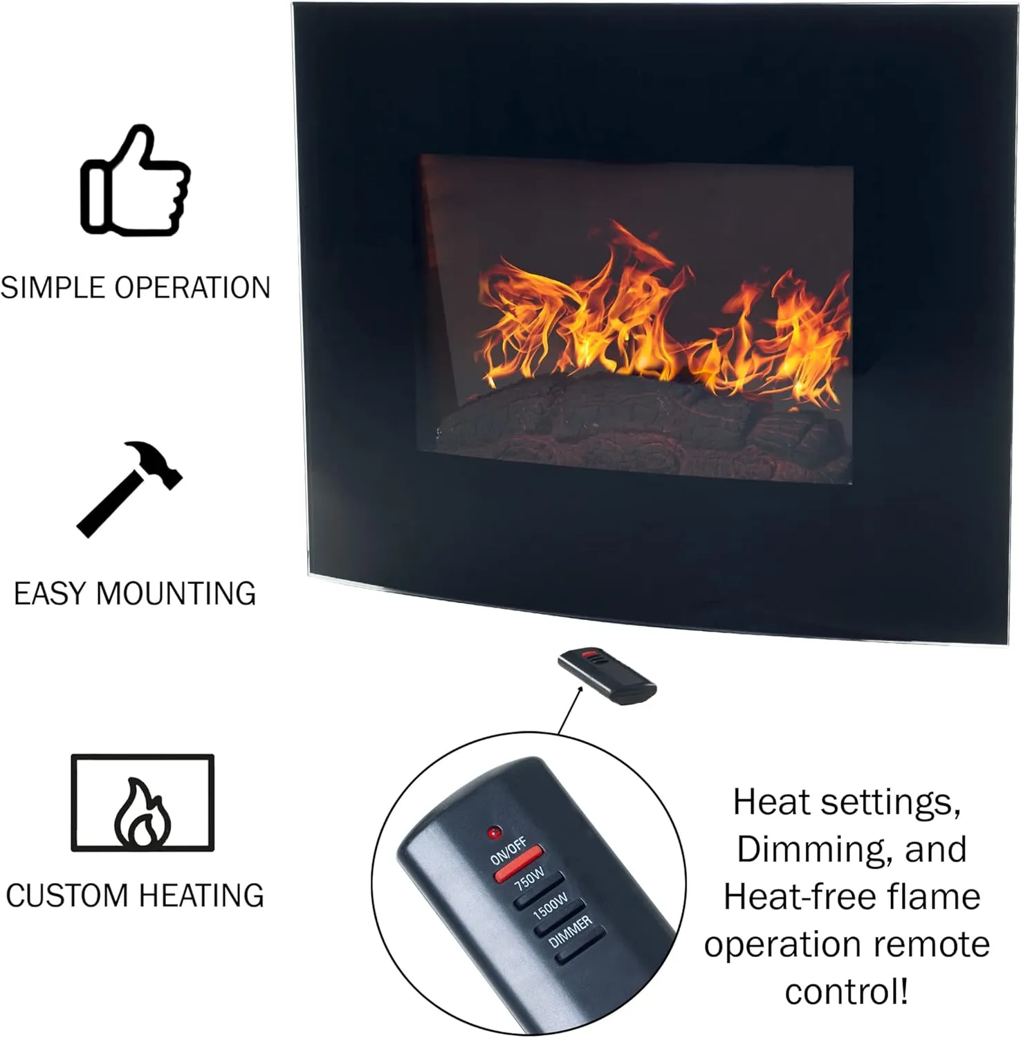 25.5-Inch Wall Mounted Electric Fireplace - Curved Glass Heater with Log Fuel Effect, Adjustable Flames, and Remote Control by Northwest (Black)