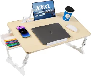 28.35"x15.7"Adjustable Laptop Bed Desk with USB Ports, Storage Drawer, Cup Holder, XXX-Large Foldable Bed Laptop Table Stand for Couch, Portable Lap Desk Tray for Eating Reading Working Drawing Gaming