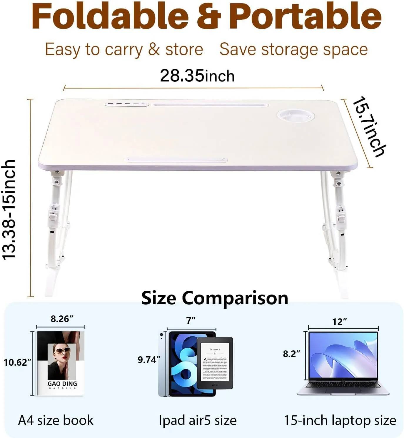 28.35"x15.7"Adjustable Laptop Bed Desk with USB Ports, Storage Drawer, Cup Holder, XXX-Large Foldable Bed Laptop Table Stand for Couch, Portable Lap Desk Tray for Eating Reading Working Drawing Gaming