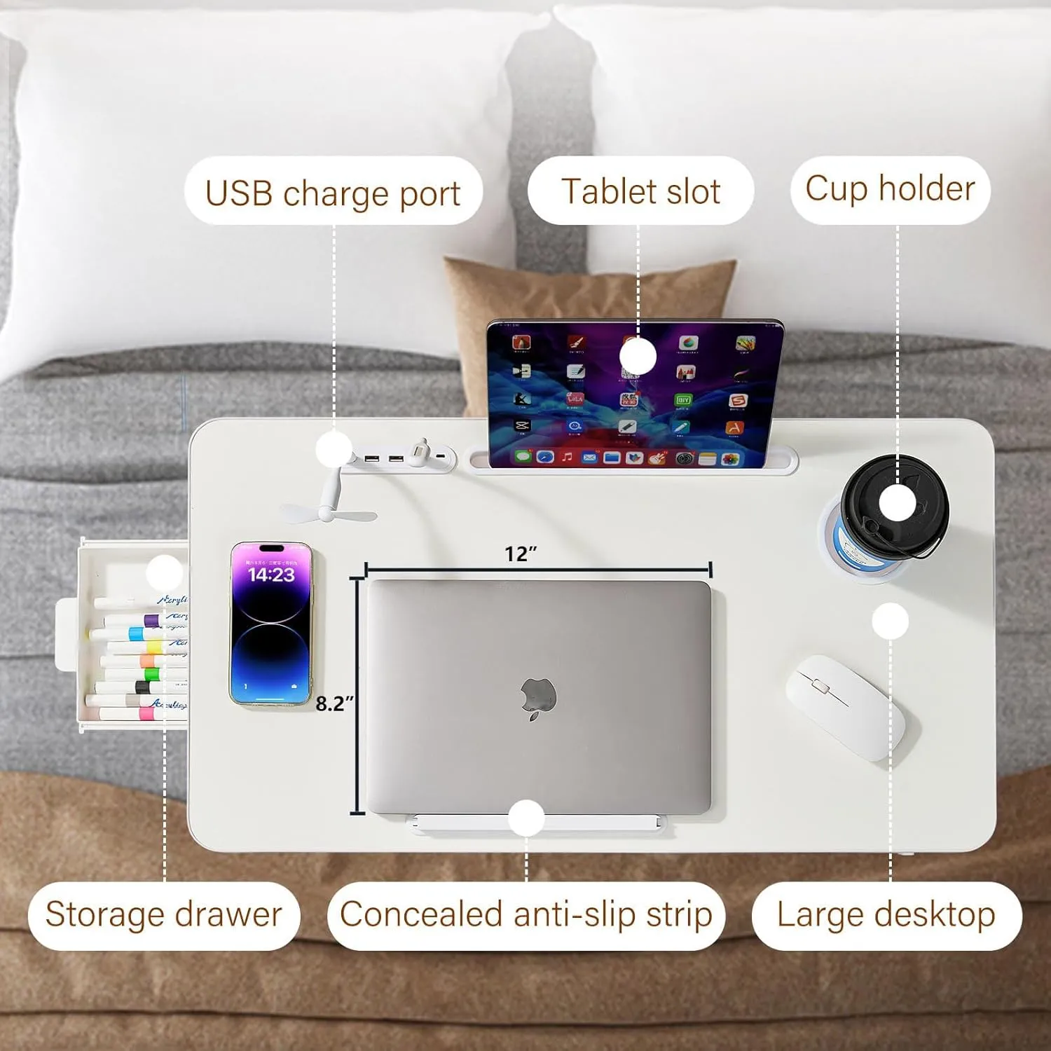 28.35"x15.7"Adjustable Laptop Bed Desk with USB Ports, Storage Drawer, Cup Holder, XXX-Large Foldable Bed Laptop Table Stand for Couch, Portable Lap Desk Tray for Eating Reading Working Drawing Gaming