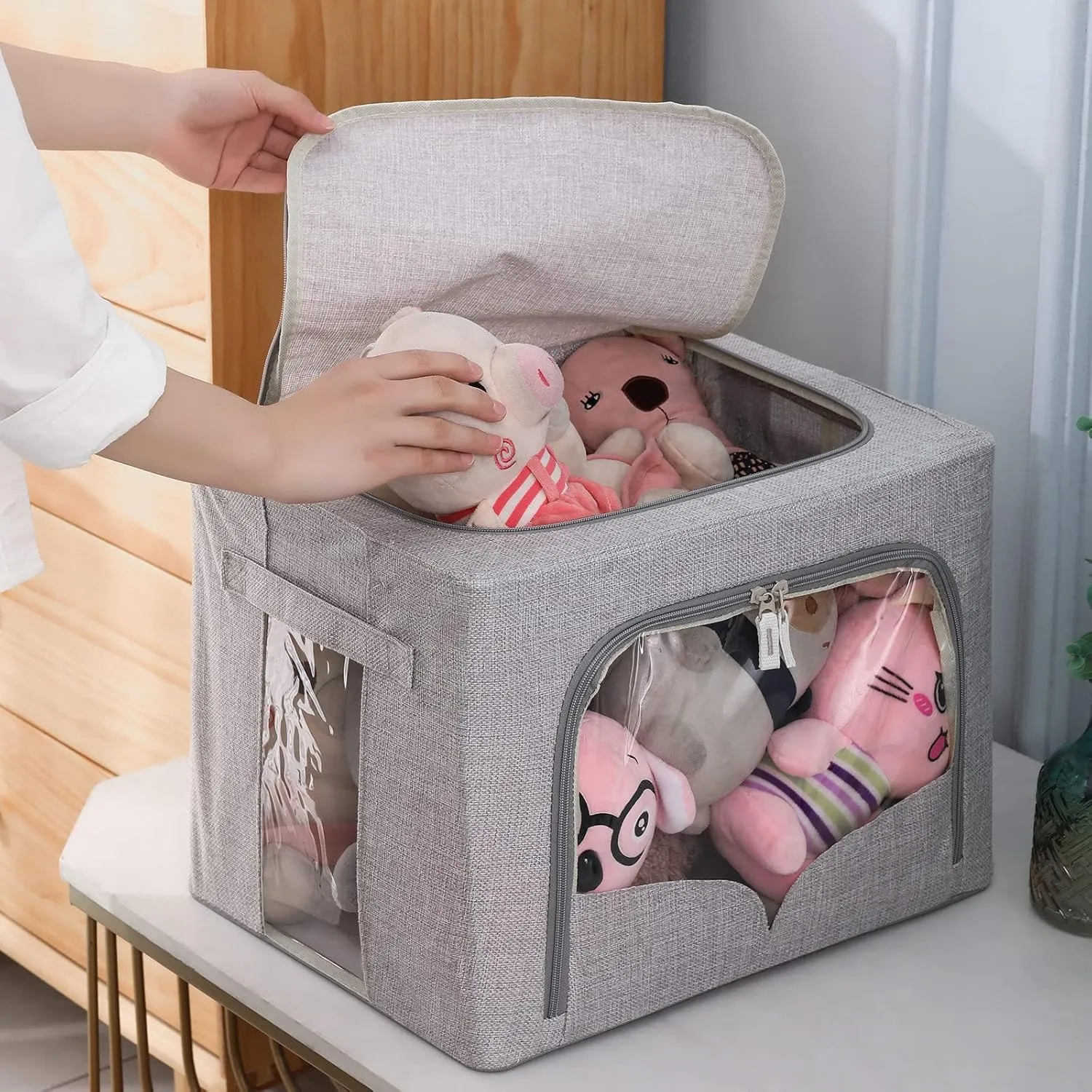 3 Pack Clothes Storage Bins Foldable Metal Frame Storage Box Stackable Linen Fabric Organizer Set with Carrying Handles and Clear Window (Light Gray, 15.7x11.8x11.8inch(36L))