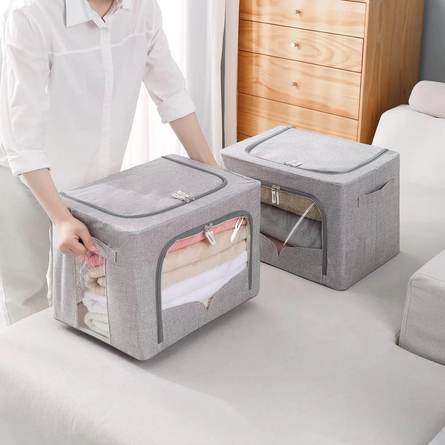 3 Pack Clothes Storage Bins Foldable Metal Frame Storage Box Stackable Linen Fabric Organizer Set with Carrying Handles and Clear Window (Light Gray, 15.7x11.8x11.8inch(36L))