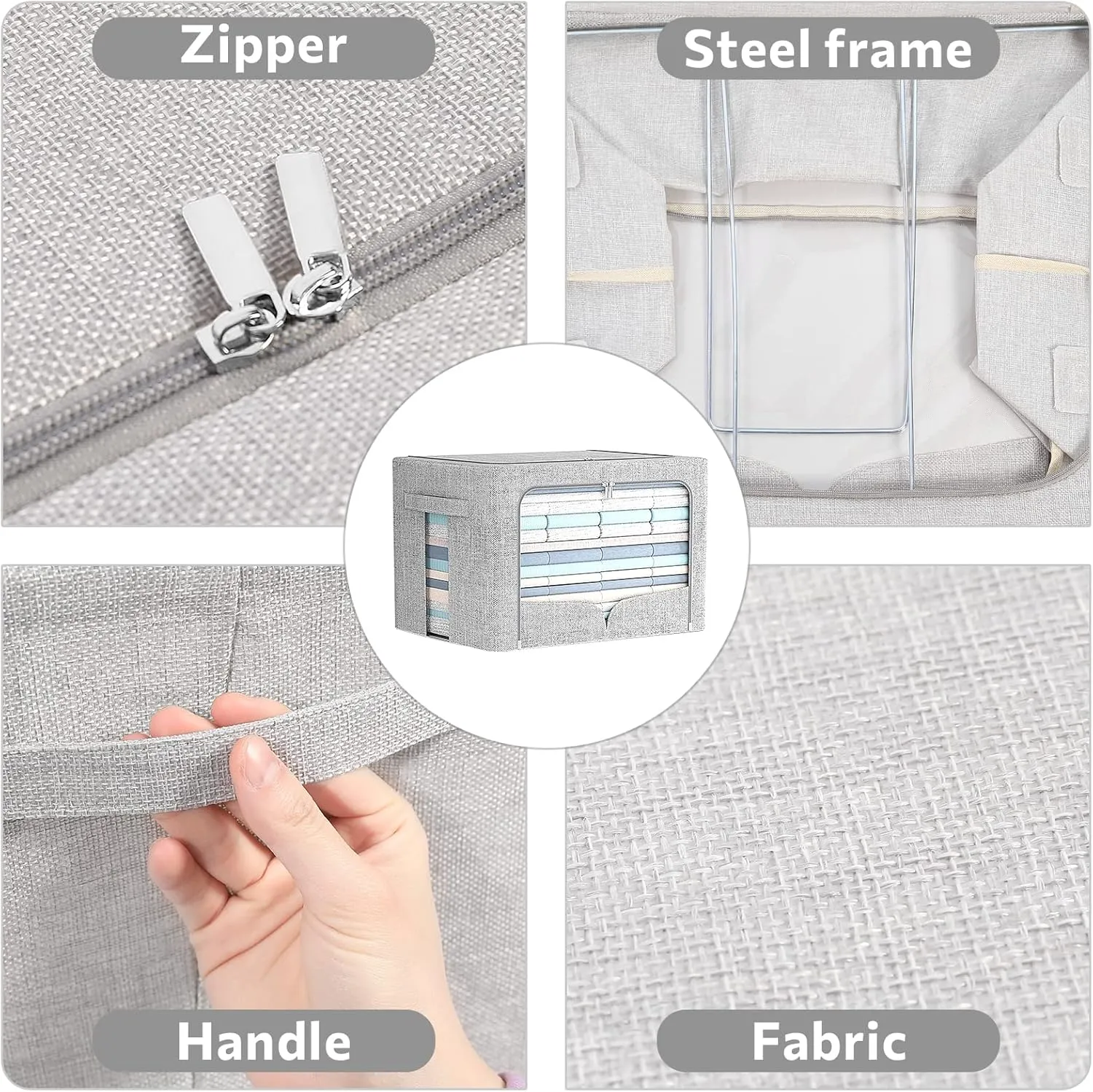 3 Pack Clothes Storage Bins Foldable Metal Frame Storage Box Stackable Linen Fabric Organizer Set with Carrying Handles and Clear Window (Light Gray, 15.7x11.8x11.8inch(36L))