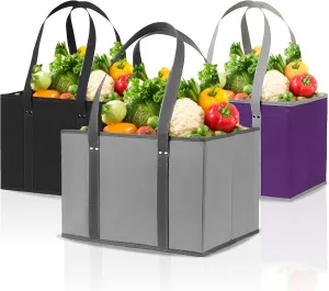 3 Pack Eco-Friendly Reusable Grocery Bags – Foldable Large Tote Bags with Long Handles & Solid Bottom – Sturdy Bags that Stand Upright for Easy Packing