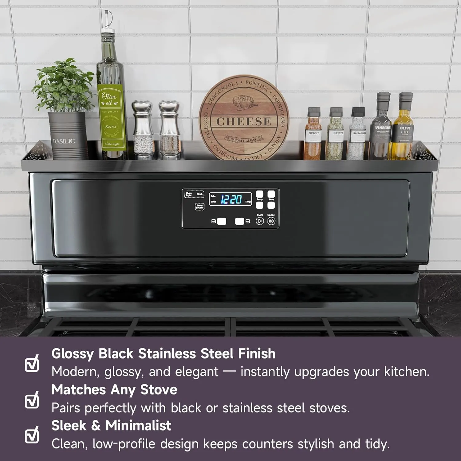 30" Magnetic Stove Top Shelf – Stainless Steel Spice Rack for Over-the-Stove Storage and Kitchen Organization (Black Stainless Steel)