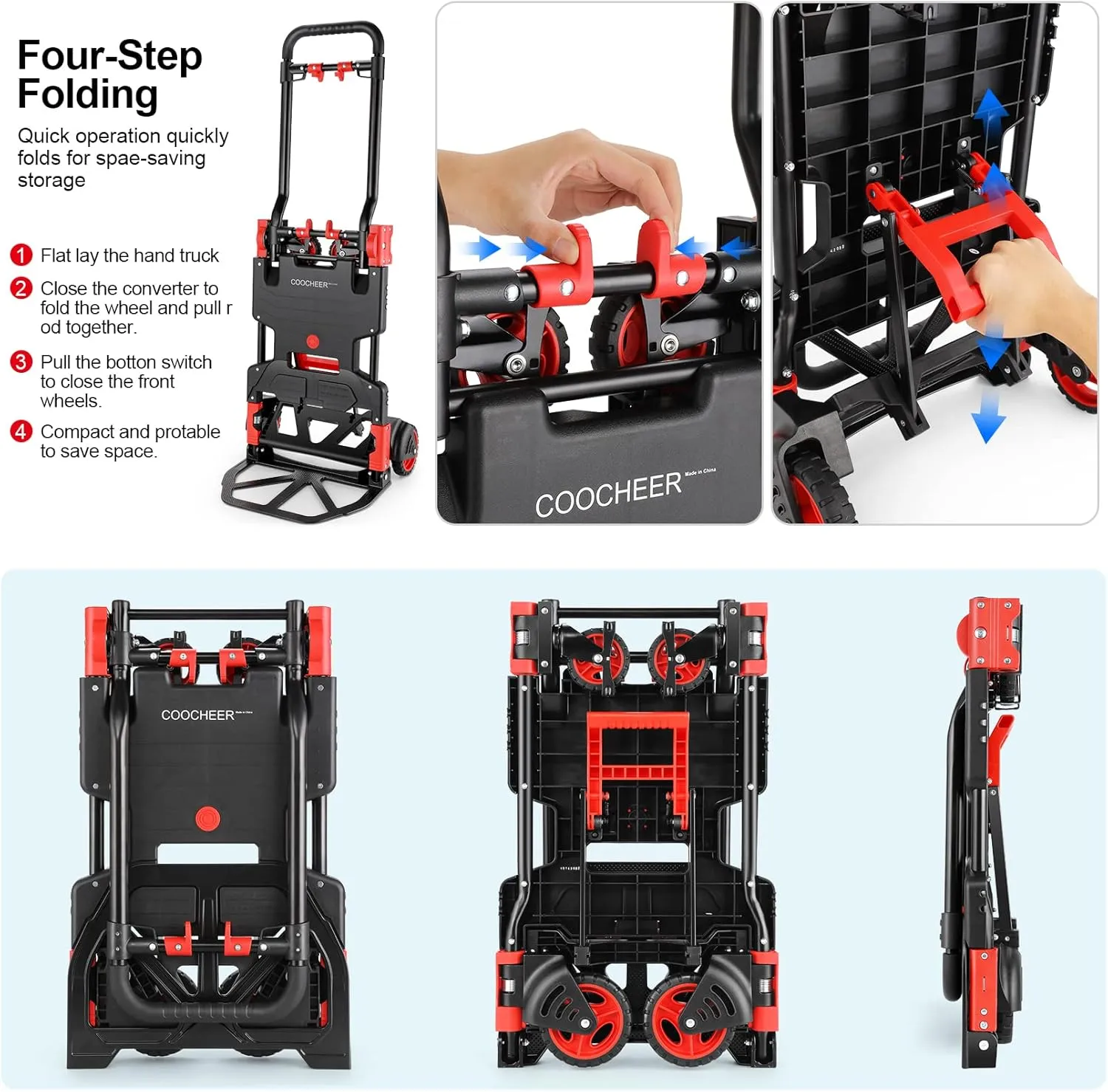 330LB Folding Hand Truck Heavy Duty Carrying, Combination of Four Wheels and Two Wheels Convertible Dolly Cart with Retractable Handle Dolly for Moving Office Carts.