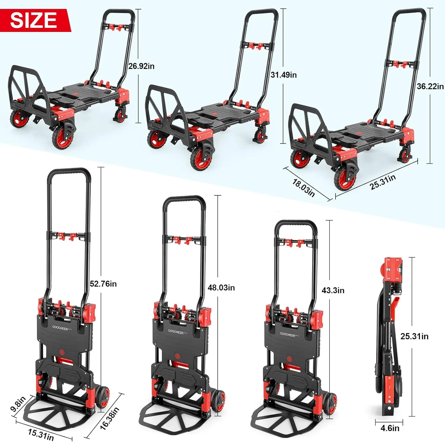 330LB Folding Hand Truck Heavy Duty Carrying, Combination of Four Wheels and Two Wheels Convertible Dolly Cart with Retractable Handle Dolly for Moving Office Carts.