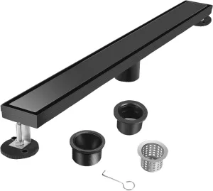 36-Inch Linear Shower Drain with Tile Insert Grate, 2-in-1 Flat Reversible Matte Black Cover, Rectangle Floor Drain Brushed 304 Stainless Steel Including Hair Strainer