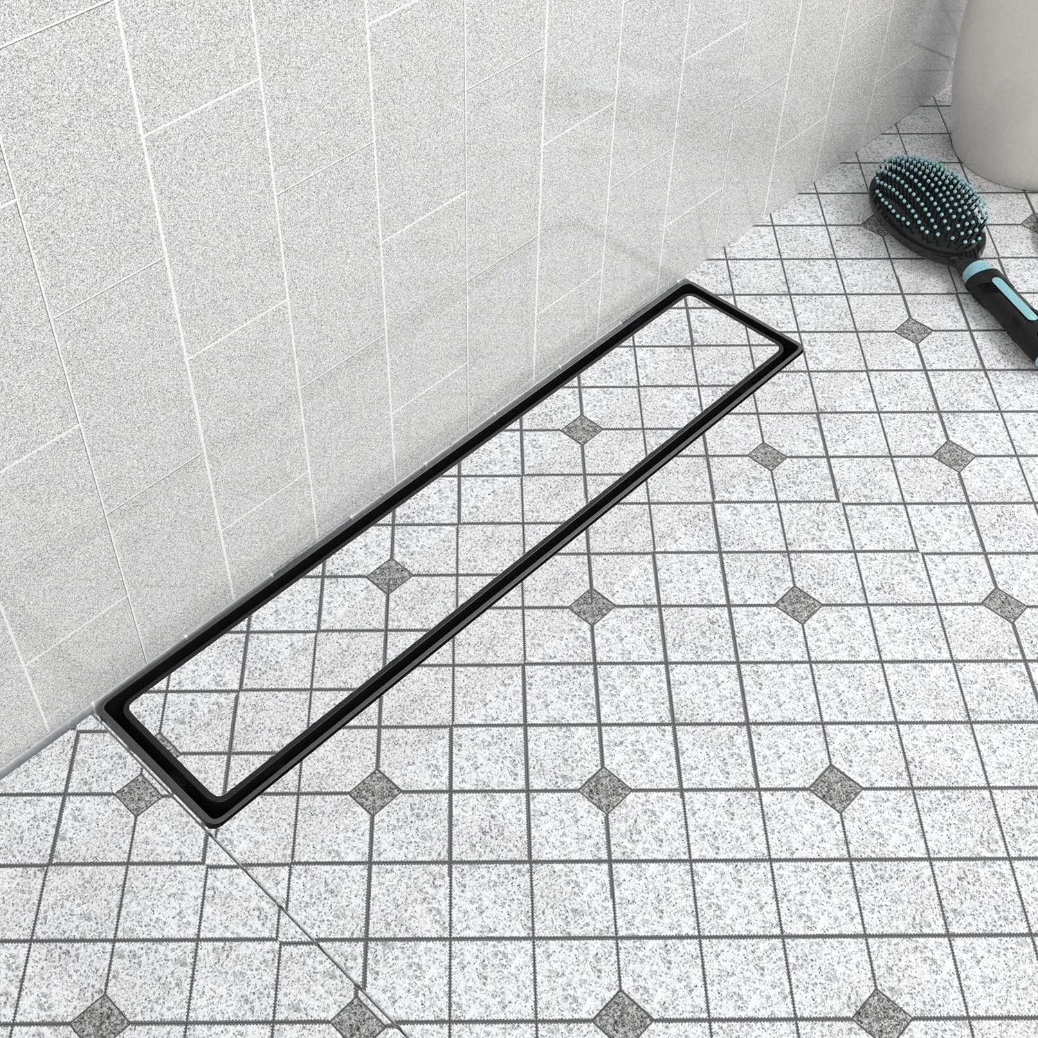 36-Inch Linear Shower Drain with Tile Insert Grate, 2-in-1 Flat Reversible Matte Black Cover, Rectangle Floor Drain Brushed 304 Stainless Steel Including Hair Strainer