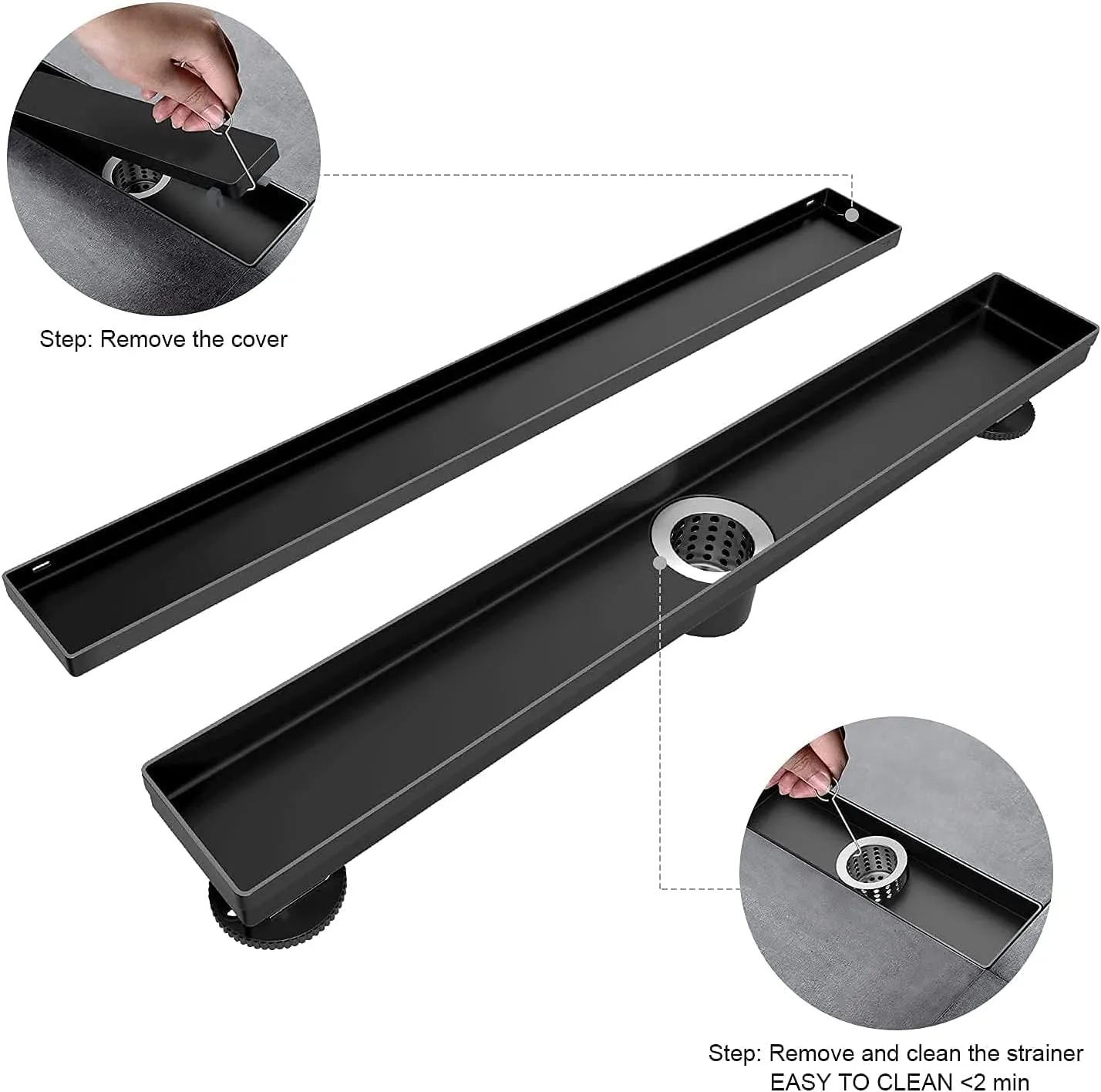 36-Inch Linear Shower Drain with Tile Insert Grate, 2-in-1 Flat Reversible Matte Black Cover, Rectangle Floor Drain Brushed 304 Stainless Steel Including Hair Strainer