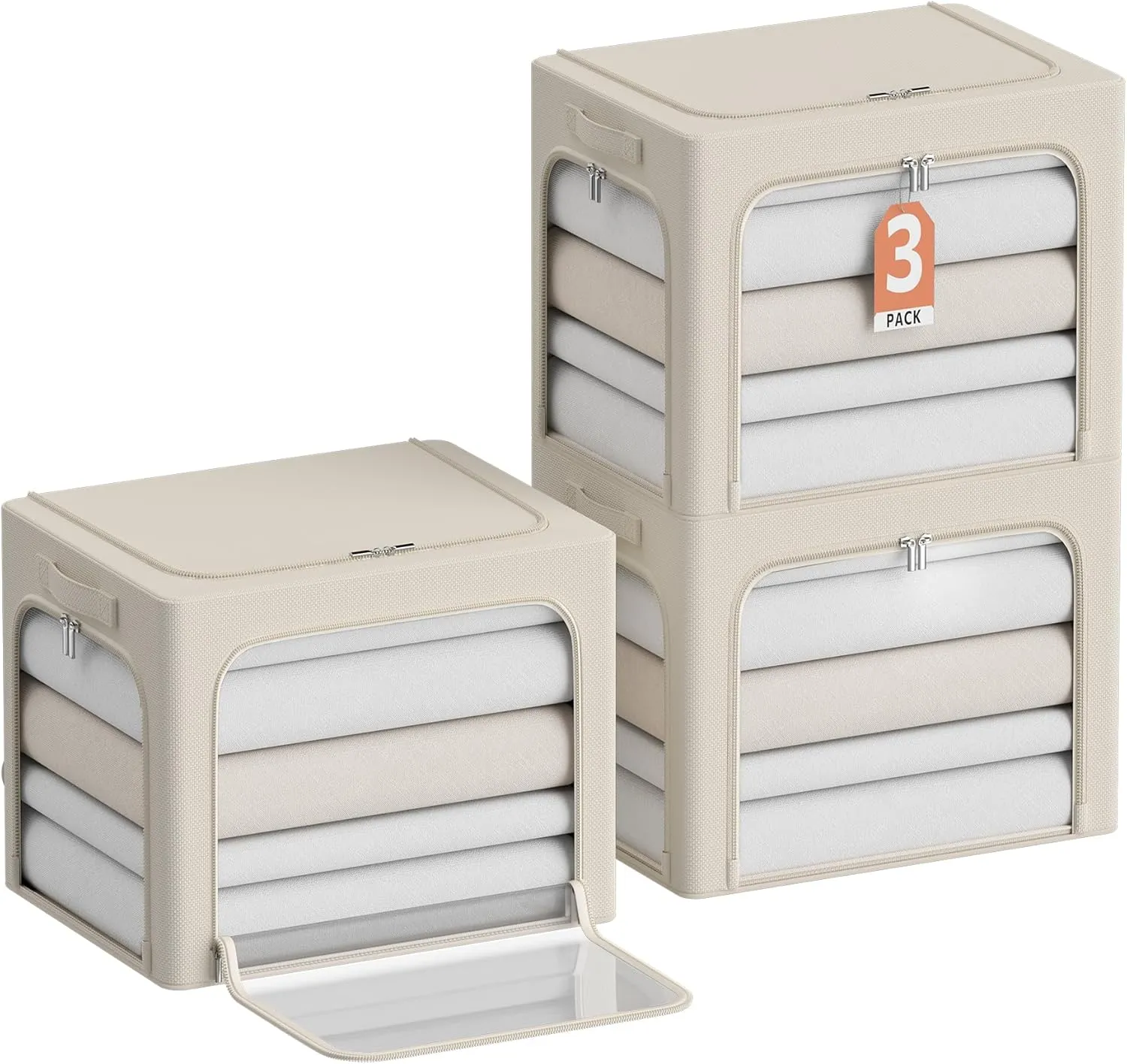 3Pack Clothes Storage Bins - Oxford Frame Storage Box Foldable Stackable Storage Organizer with 3 Openings Design, Metal Frame, Clear Window, Carry Handles (36L-15.7 * 11.8 * 11.8in, Beige)