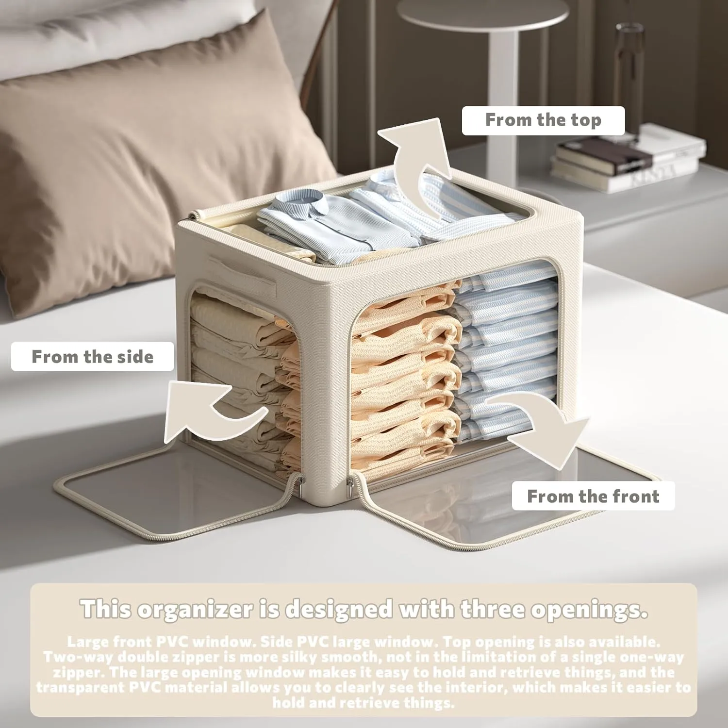 3Pack Clothes Storage Bins - Oxford Frame Storage Box Foldable Stackable Storage Organizer with 3 Openings Design, Metal Frame, Clear Window, Carry Handles (36L-15.7 * 11.8 * 11.8in, Beige)