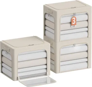 3Pack Clothes Storage Bins - Oxford Frame Storage Box Foldable Stackable Storage Organizer with 3 Openings Design, Metal Frame, Clear Window, Carry Handles (36L-15.7 * 11.8 * 11.8in, Beige)