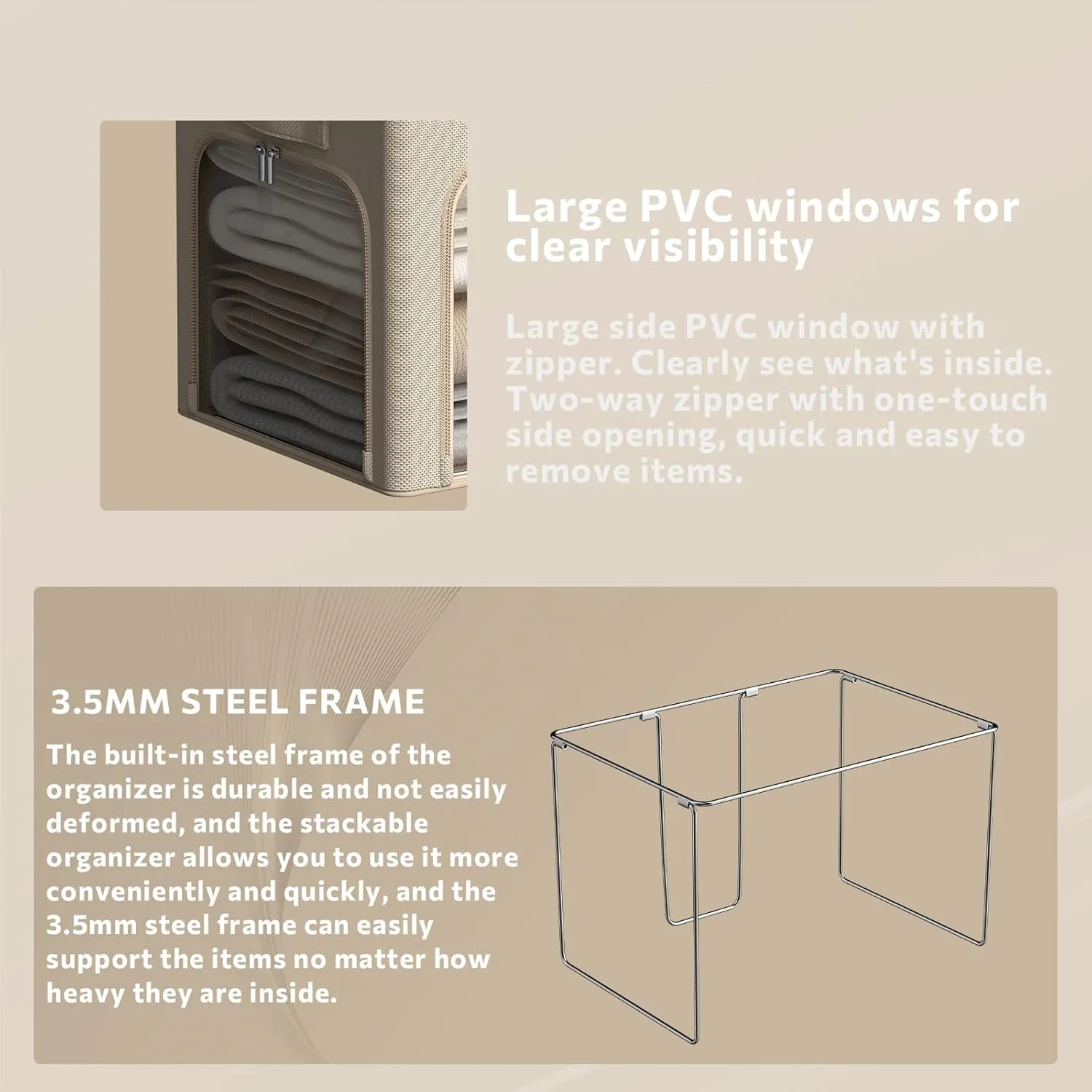 3Pack Clothes Storage Bins - Oxford Frame Storage Box Foldable Stackable Storage Organizer with 3 Openings Design, Metal Frame, Clear Window, Carry Handles (36L-15.7 * 11.8 * 11.8in, Beige)
