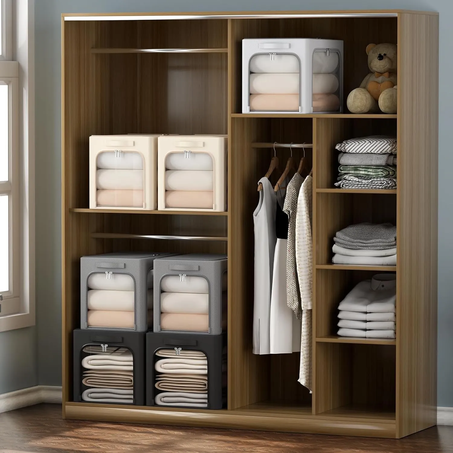 3Pack Clothes Storage Bins - Oxford Frame Storage Box Foldable Stackable Storage Organizer with 3 Openings Design, Metal Frame, Clear Window, Carry Handles (36L-15.7 * 11.8 * 11.8in, Beige)