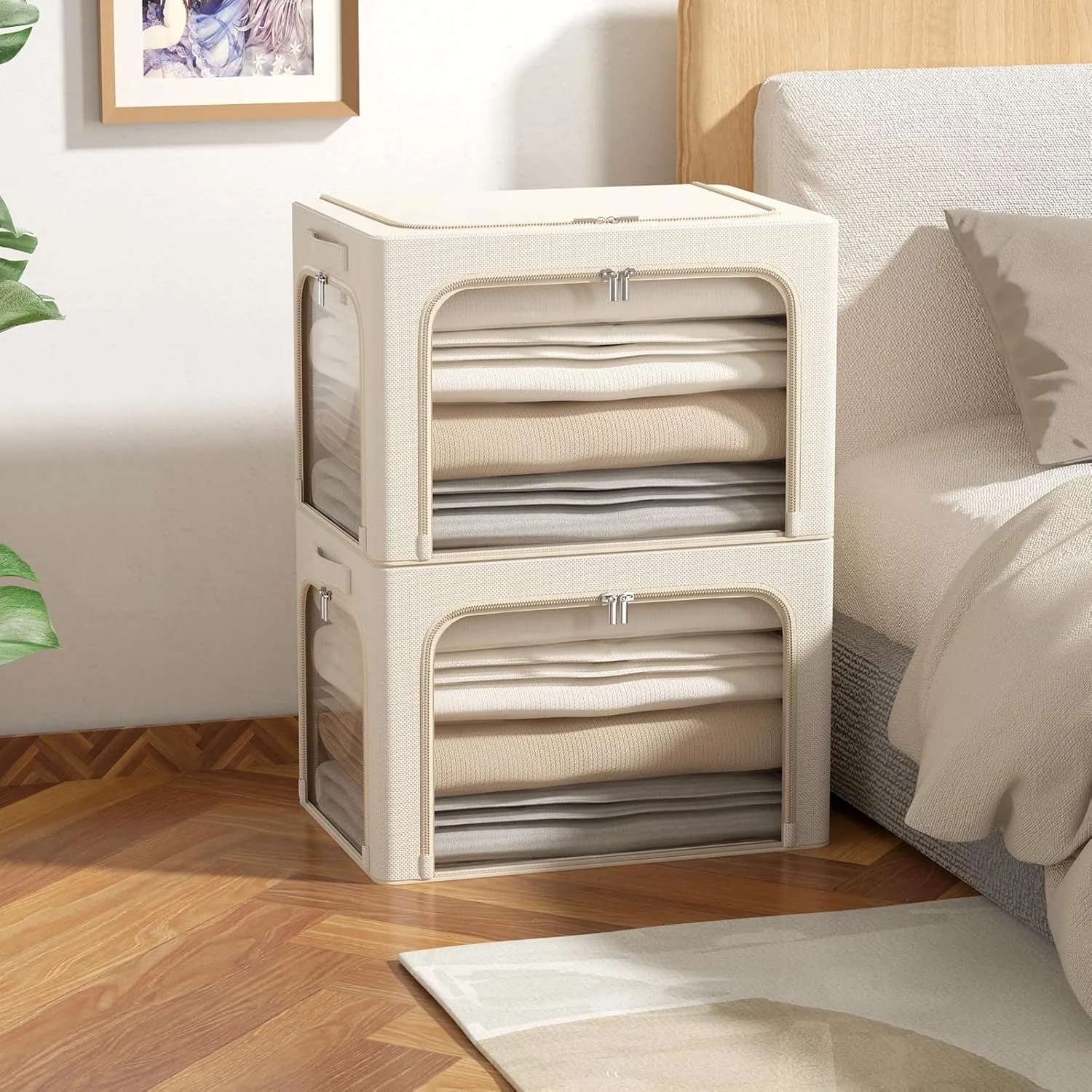 3Pack Clothes Storage Bins - Oxford Frame Storage Box Foldable Stackable Storage Organizer with 3 Openings Design, Metal Frame, Clear Window, Carry Handles (36L-15.7 * 11.8 * 11.8in, Beige)
