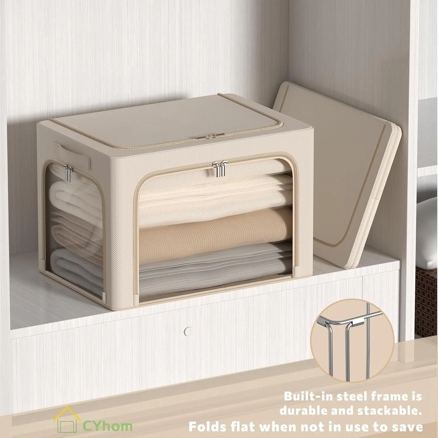 3Pack Clothes Storage Bins - Oxford Frame Storage Box Foldable Stackable Storage Organizer with 3 Openings Design, Metal Frame, Clear Window, Carry Handles (36L-15.7 * 11.8 * 11.8in, Beige)