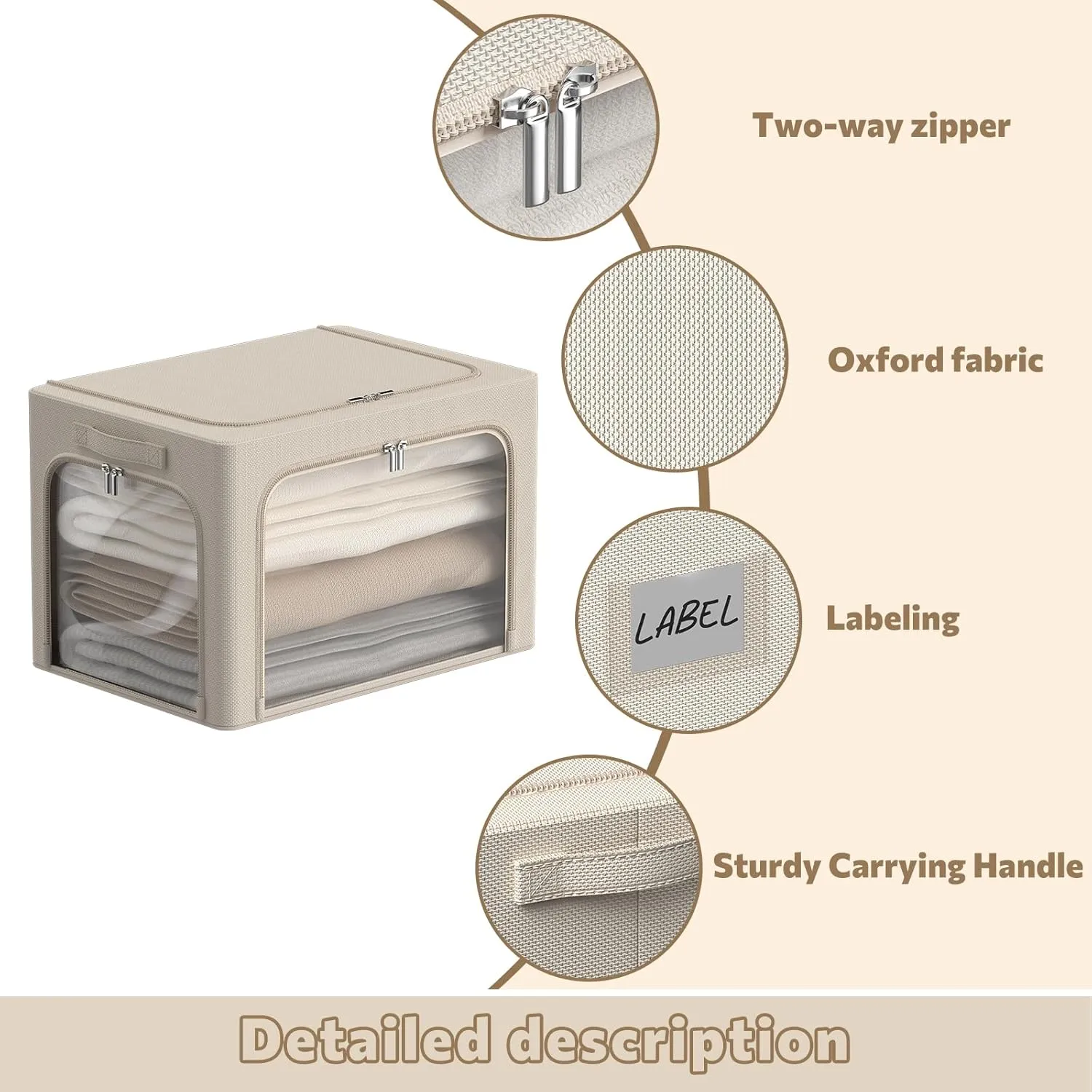 3Pack Clothes Storage Bins - Oxford Frame Storage Box Foldable Stackable Storage Organizer with 3 Openings Design, Metal Frame, Clear Window, Carry Handles (36L-15.7 * 11.8 * 11.8in, Beige)