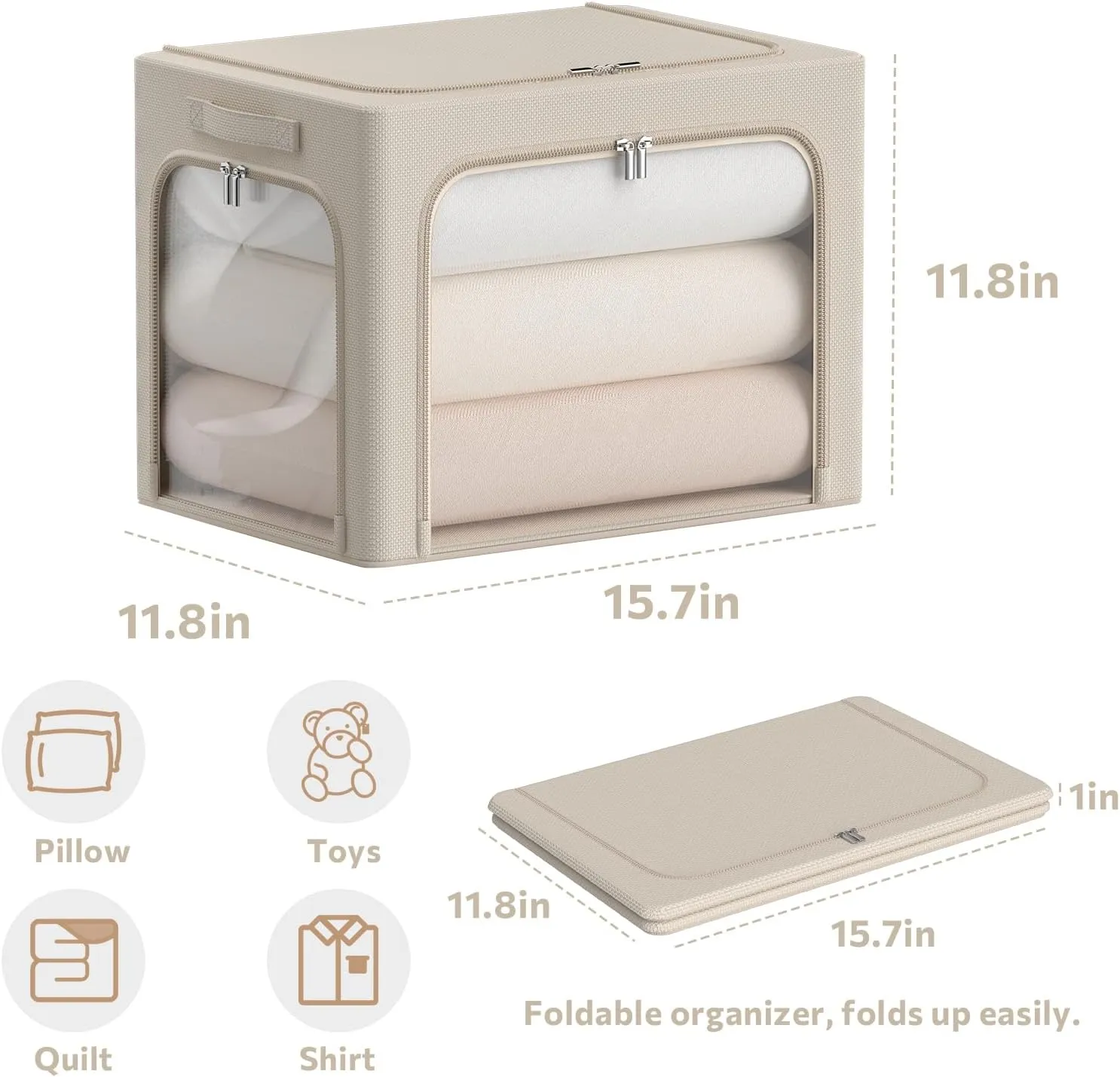 3Pack Clothes Storage Bins - Oxford Frame Storage Box Foldable Stackable Storage Organizer with 3 Openings Design, Metal Frame, Clear Window, Carry Handles (36L-15.7 * 11.8 * 11.8in, Beige)