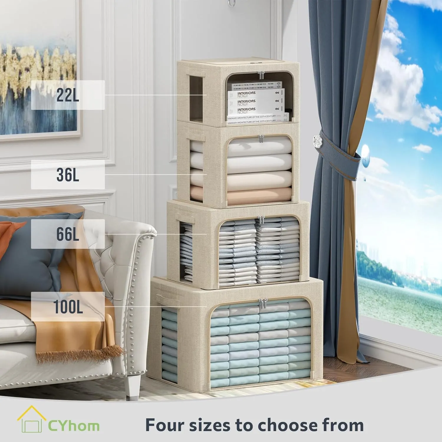 3Pack Foldable Storage Bins - Frame Storage Box Linen Fabric Stackable Clothes Container Organizer with Clear Window & Carry Handles Large Capacity (Medium-36L, Beige)