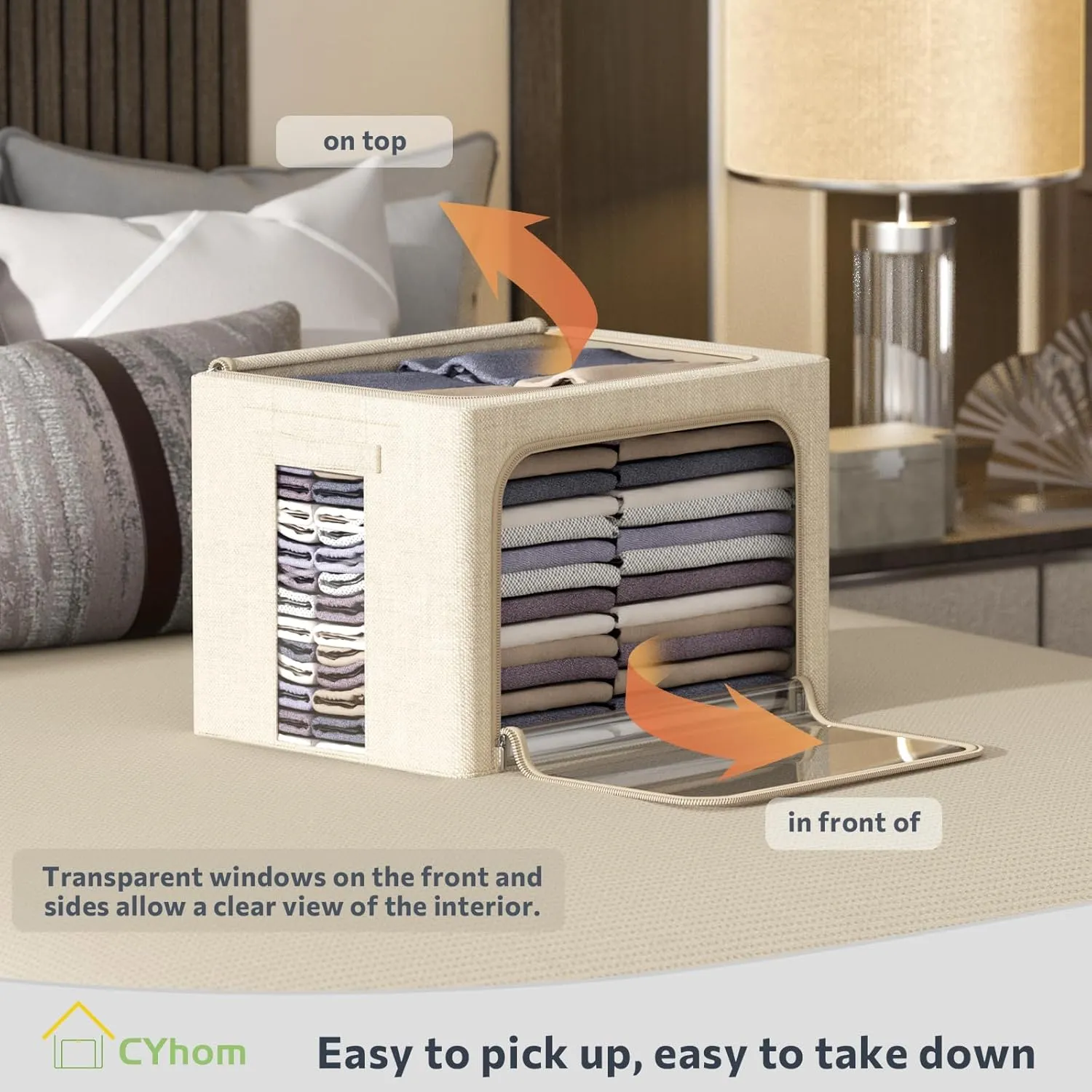 3Pack Foldable Storage Bins - Frame Storage Box Linen Fabric Stackable Clothes Container Organizer with Clear Window & Carry Handles Large Capacity (Medium-36L, Beige)