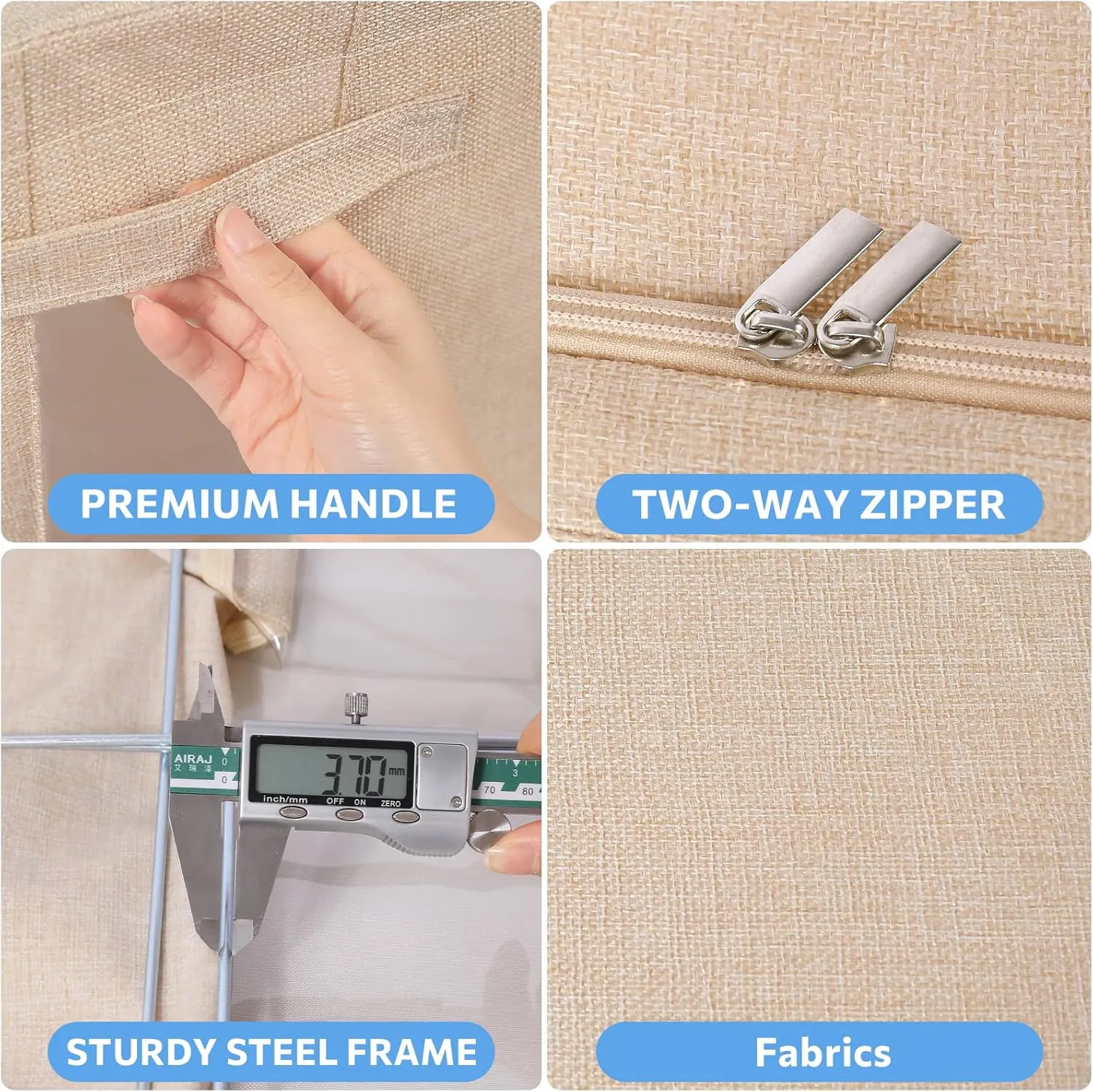 3Pack Foldable Storage Bins - Frame Storage Box Linen Fabric Stackable Clothes Container Organizer with Clear Window & Carry Handles Large Capacity (Medium-36L, Beige)