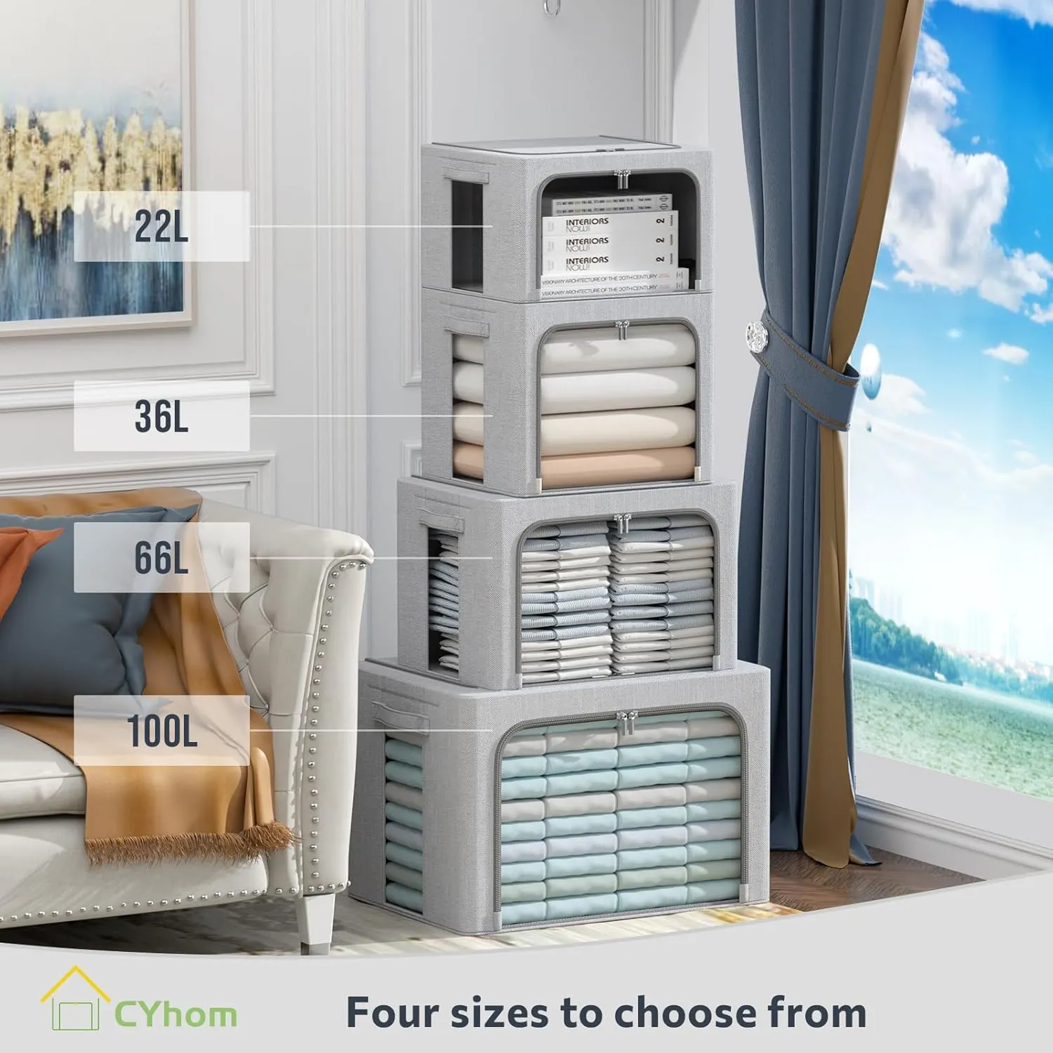 3Pack Foldable Storage Bins - Frame Storage Box Linen Fabric Stackable Clothes Container Organizer with Clear Window & Carry Handles Large Capacity (Medium-36L, Light Grey)