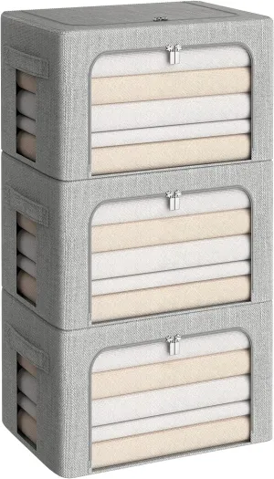 3Pack Foldable Storage Bins - Frame Storage Box Linen Fabric Stackable Clothes Container Organizer with Clear Window & Carry Handles Large Capacity (Medium-36L, Light Grey)