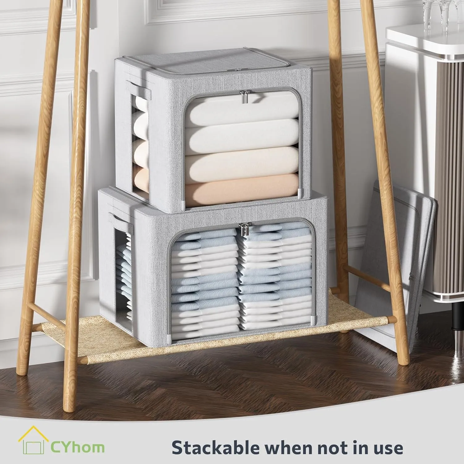 3Pack Foldable Storage Bins - Frame Storage Box Linen Fabric Stackable Clothes Container Organizer with Clear Window & Carry Handles Large Capacity (Medium-36L, Light Grey)