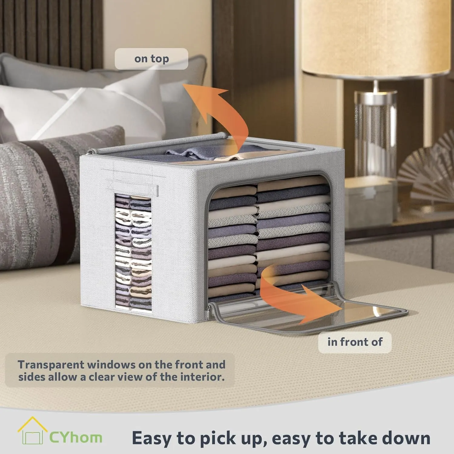 3Pack Foldable Storage Bins - Frame Storage Box Linen Fabric Stackable Clothes Container Organizer with Clear Window & Carry Handles Large Capacity (Medium-36L, Light Grey)