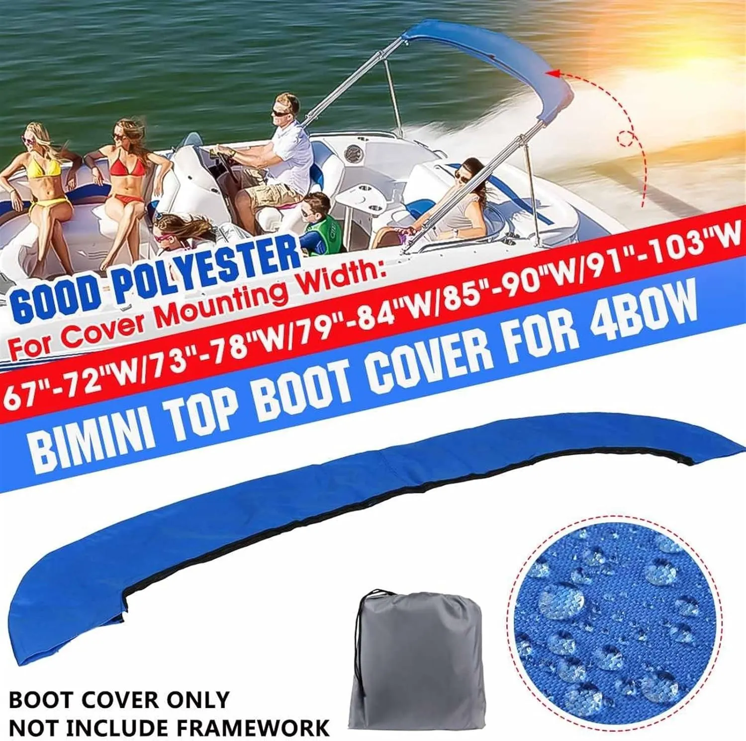 4 Bow Bimini Top Boot Cover 600D Waterproof Anti-UV Bimini Boat Top Canopy Storage Cover Dust-Proof Cover(79-84)