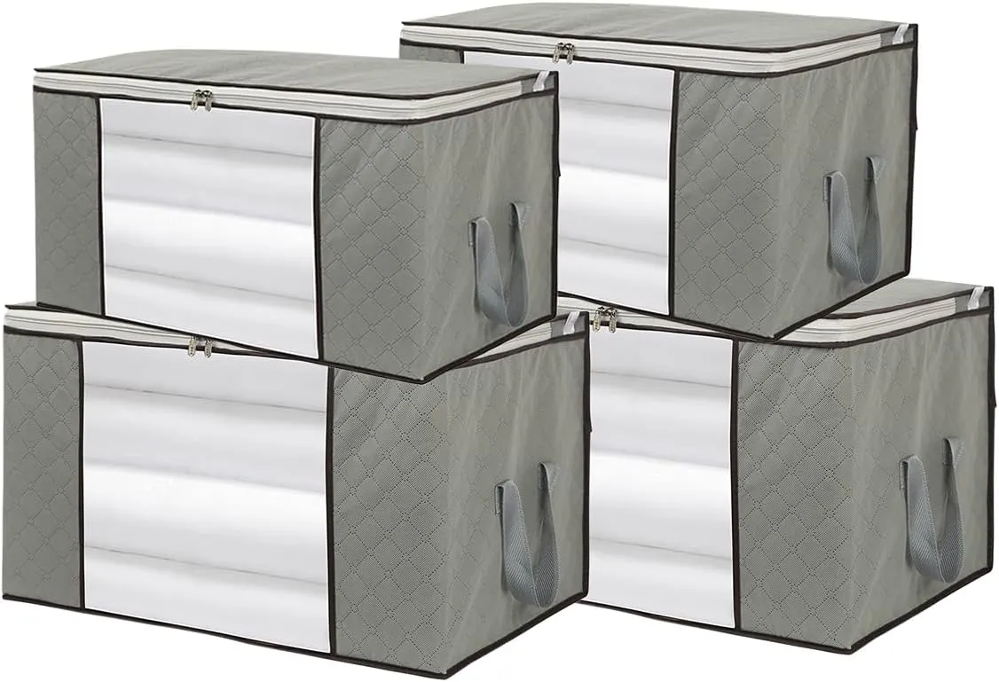 4 Pack Foldable Large Storage Bags 28 x 20 x 12 (L x W x H) inch for Comforter Quilt Blanket Clothes with Clear Window & Handles - Easy to Fit King Size Comforter Set - Closet Under Bed Organizer