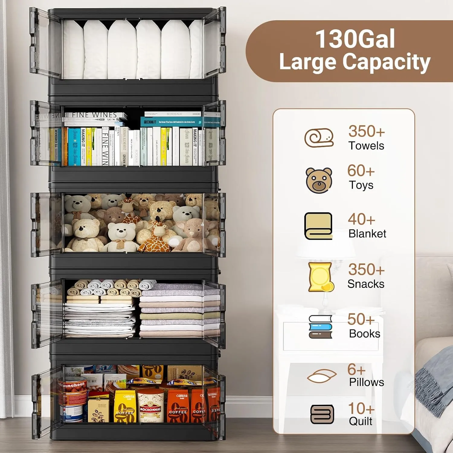 460Qt Stackable Storage Bins with Lids & Wheels, 4-Pack Large Plastic Collapsible Latching Boxes, Closet Organizers and Storage Cabinet Shelves, for Home Garage Office Organization, V7 Black