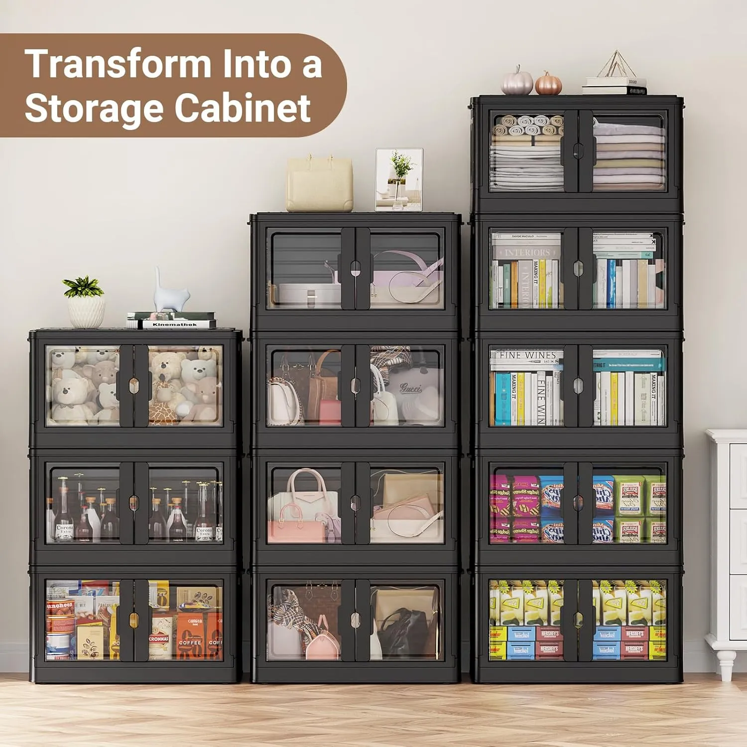 460Qt Stackable Storage Bins with Lids & Wheels, 4-Pack Large Plastic Collapsible Latching Boxes, Closet Organizers and Storage Cabinet Shelves, for Home Garage Office Organization, V7 Black