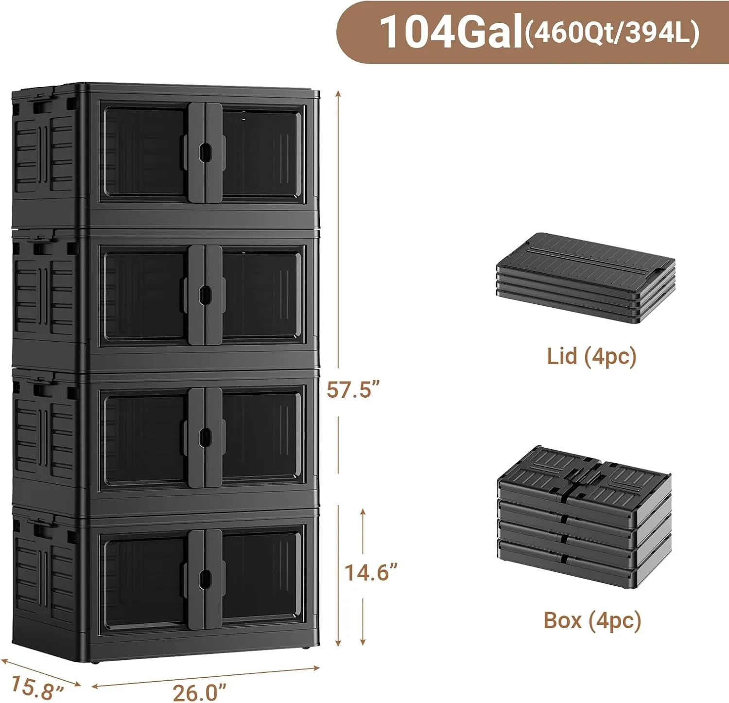 460Qt Stackable Storage Bins with Lids & Wheels, 4-Pack Large Plastic Collapsible Latching Boxes, Closet Organizers and Storage Cabinet Shelves, for Home Garage Office Organization, V7 Black
