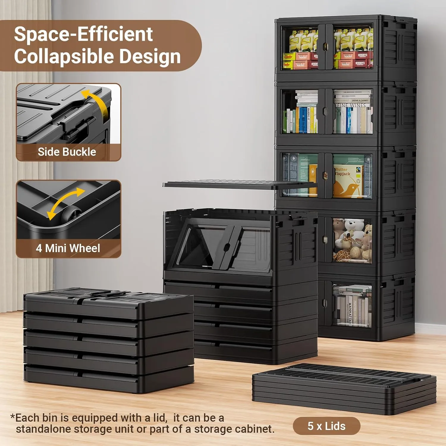 460Qt Stackable Storage Bins with Lids & Wheels, 4-Pack Large Plastic Collapsible Latching Boxes, Closet Organizers and Storage Cabinet Shelves, for Home Garage Office Organization, V7 Black